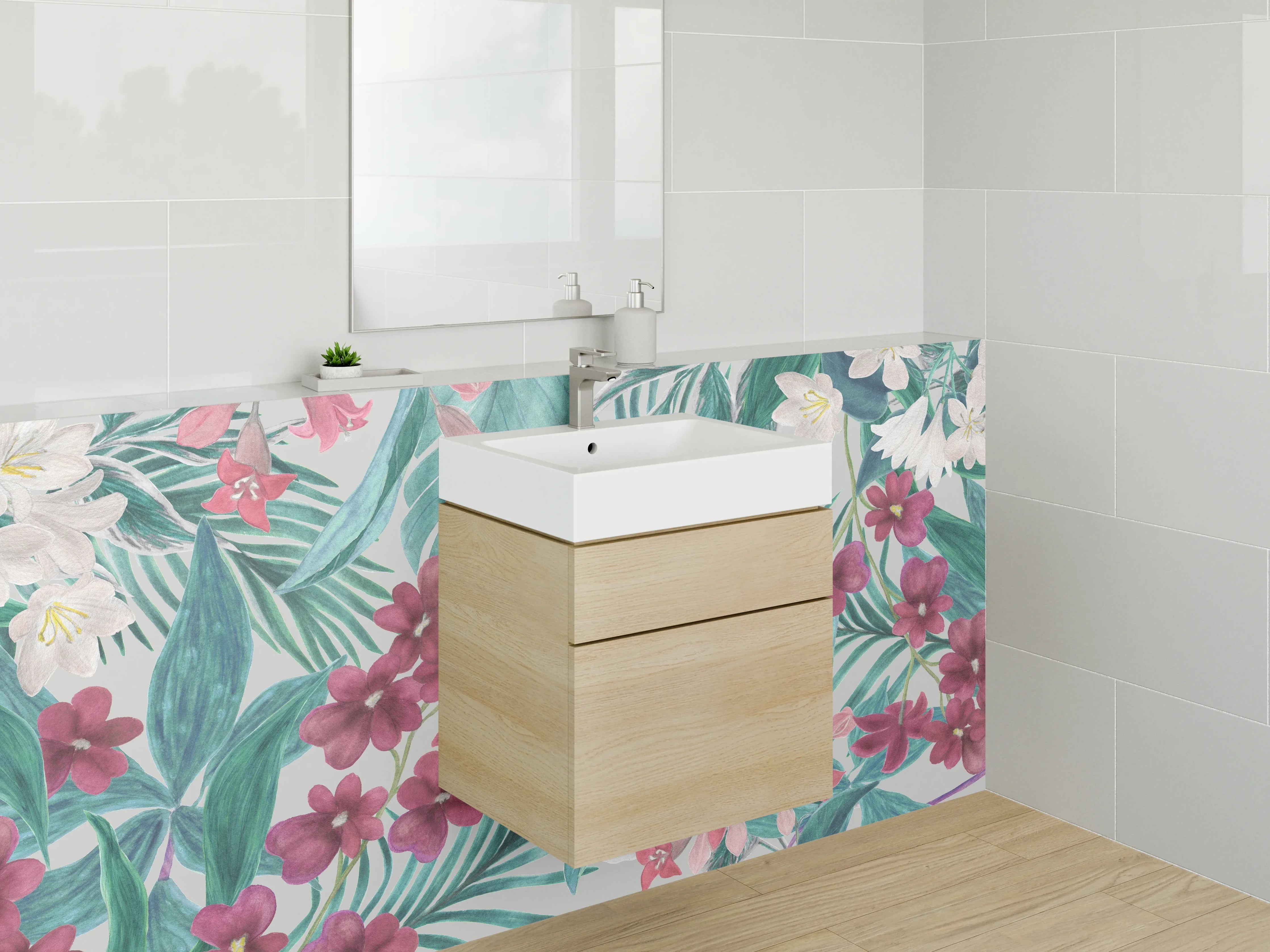 Waschbecken-Rückwand - Tropischer Blumenmix auf pastellfarbenem Hintergrund