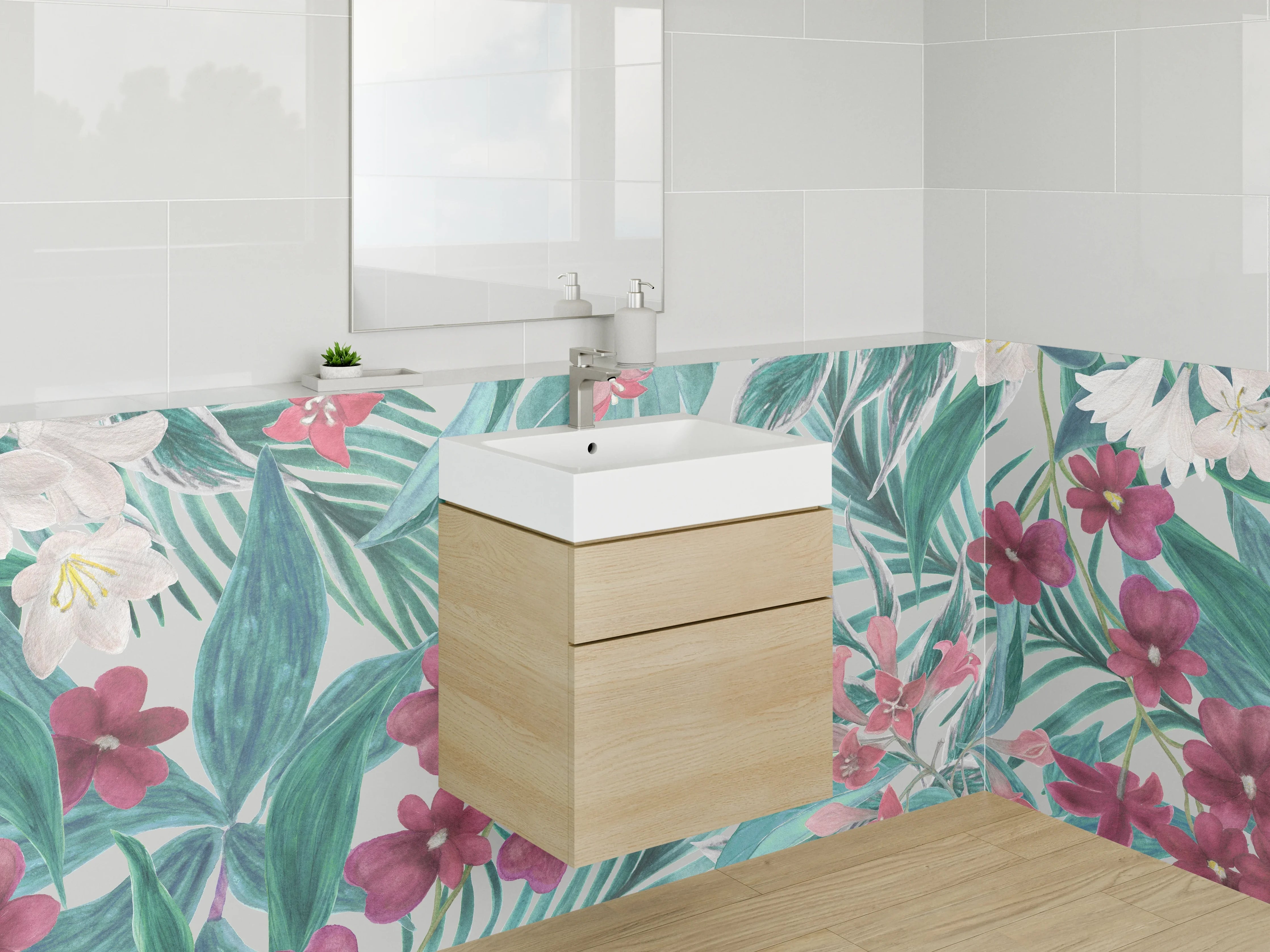 Waschbecken-Rückwand - Tropischer Blumenmix auf pastellfarbenem Hintergrund