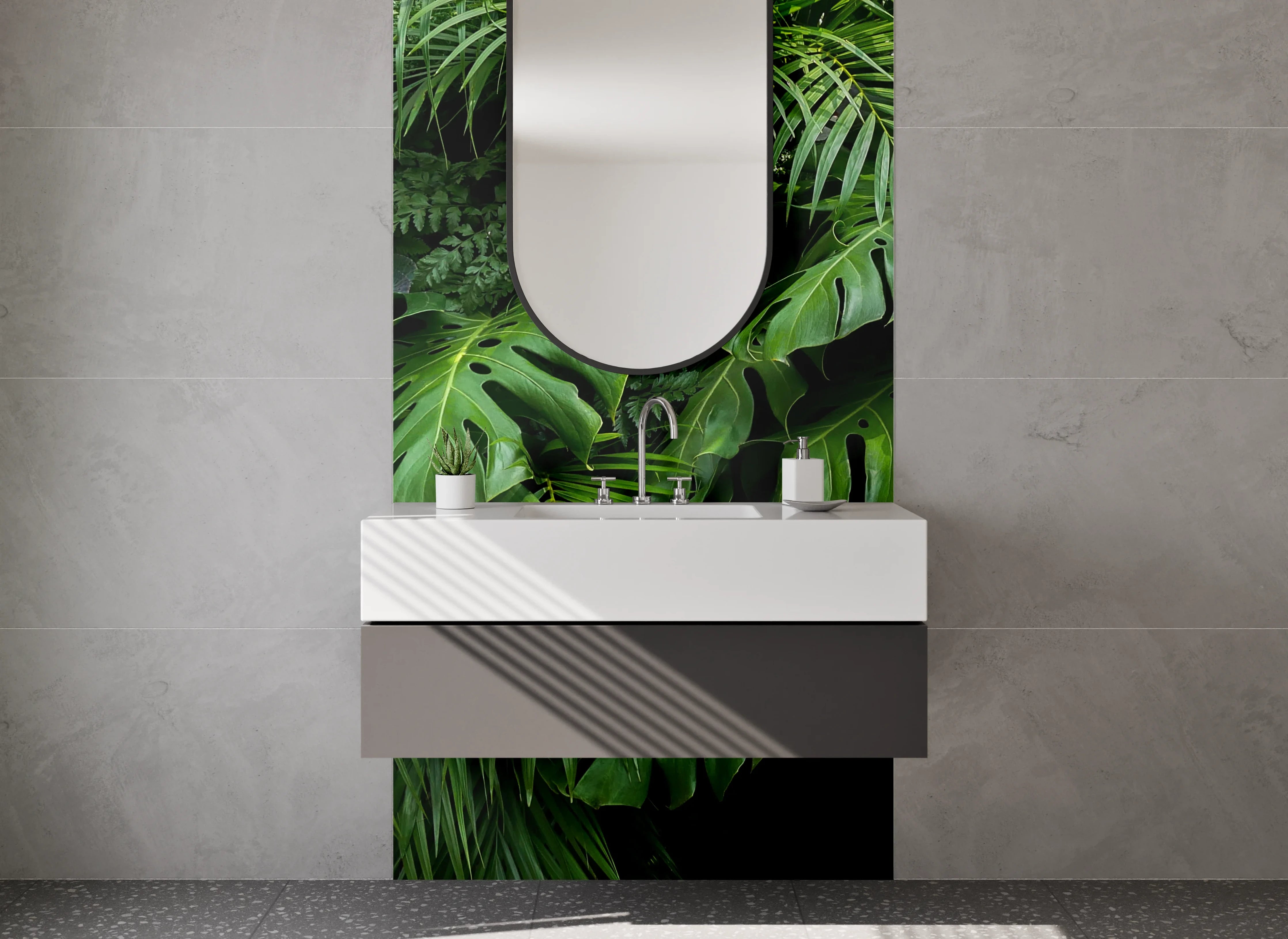 Waschbecken-Rückwand - Tropischer Dschungel mit Monstera-Blättern
