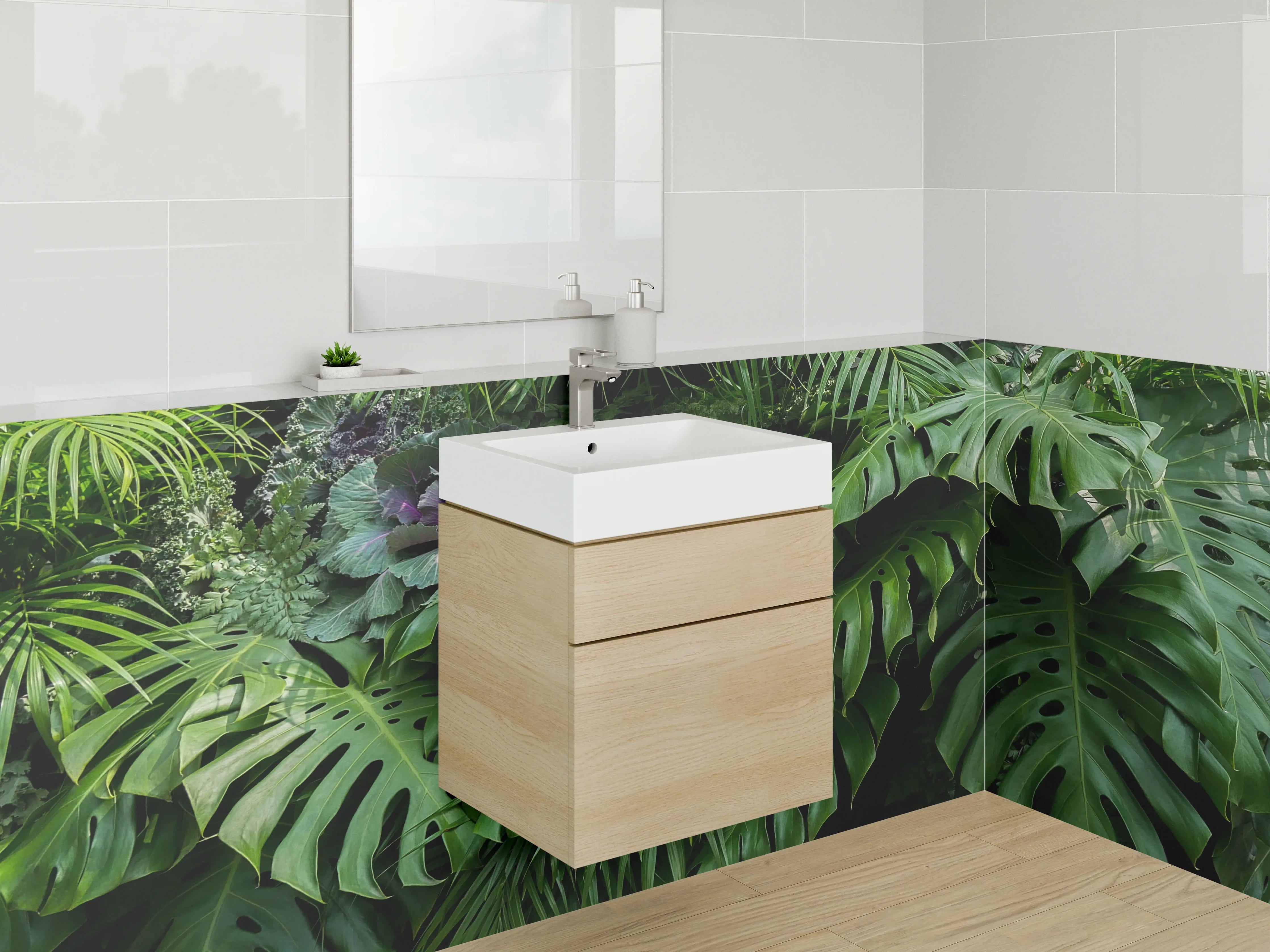 Waschbecken-Rückwand - Tropischer Dschungel mit Monstera-Blättern