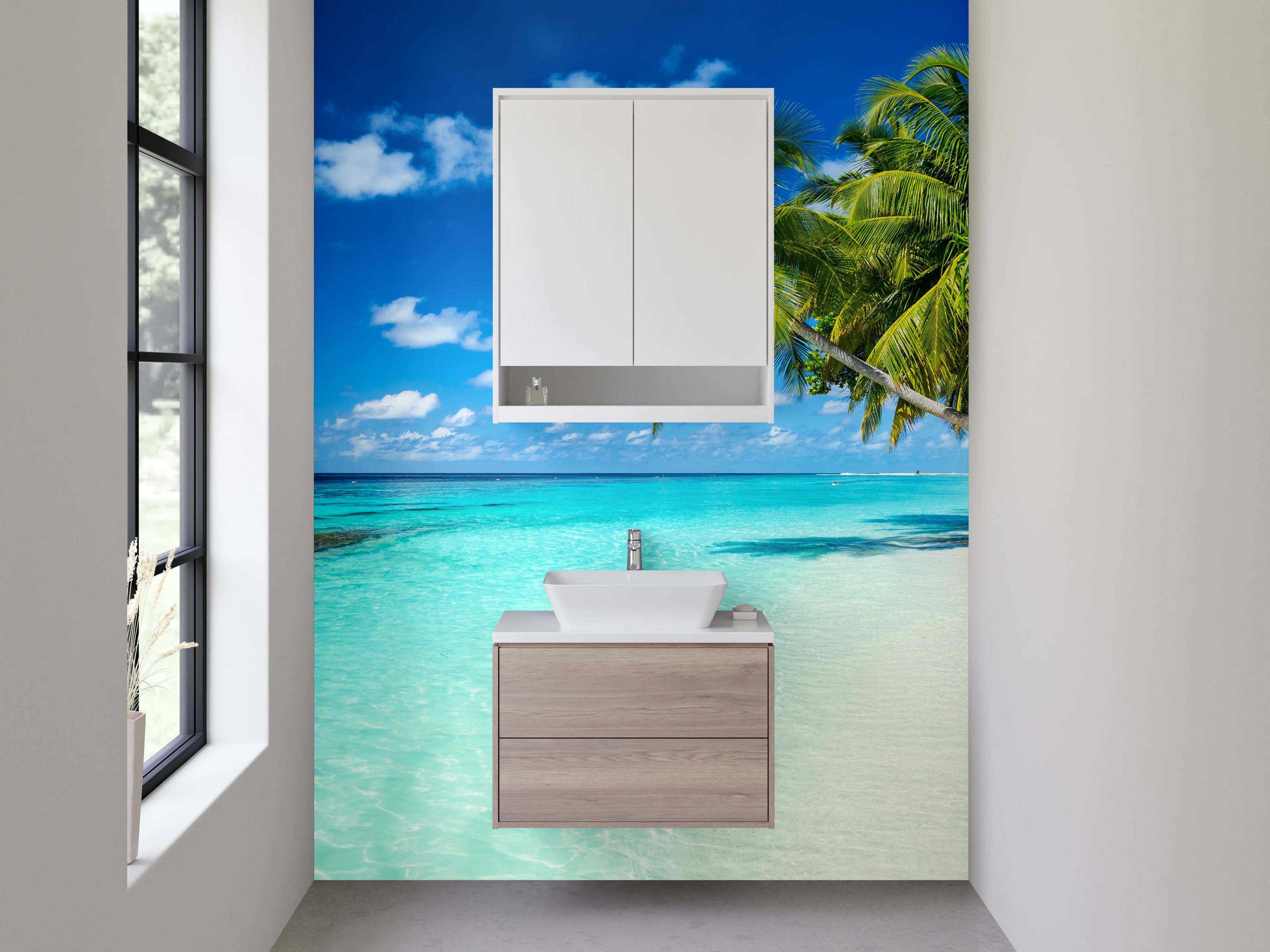 Waschbecken-Rückwand - Tropischer Strand mit Palmen und klarem Wasser