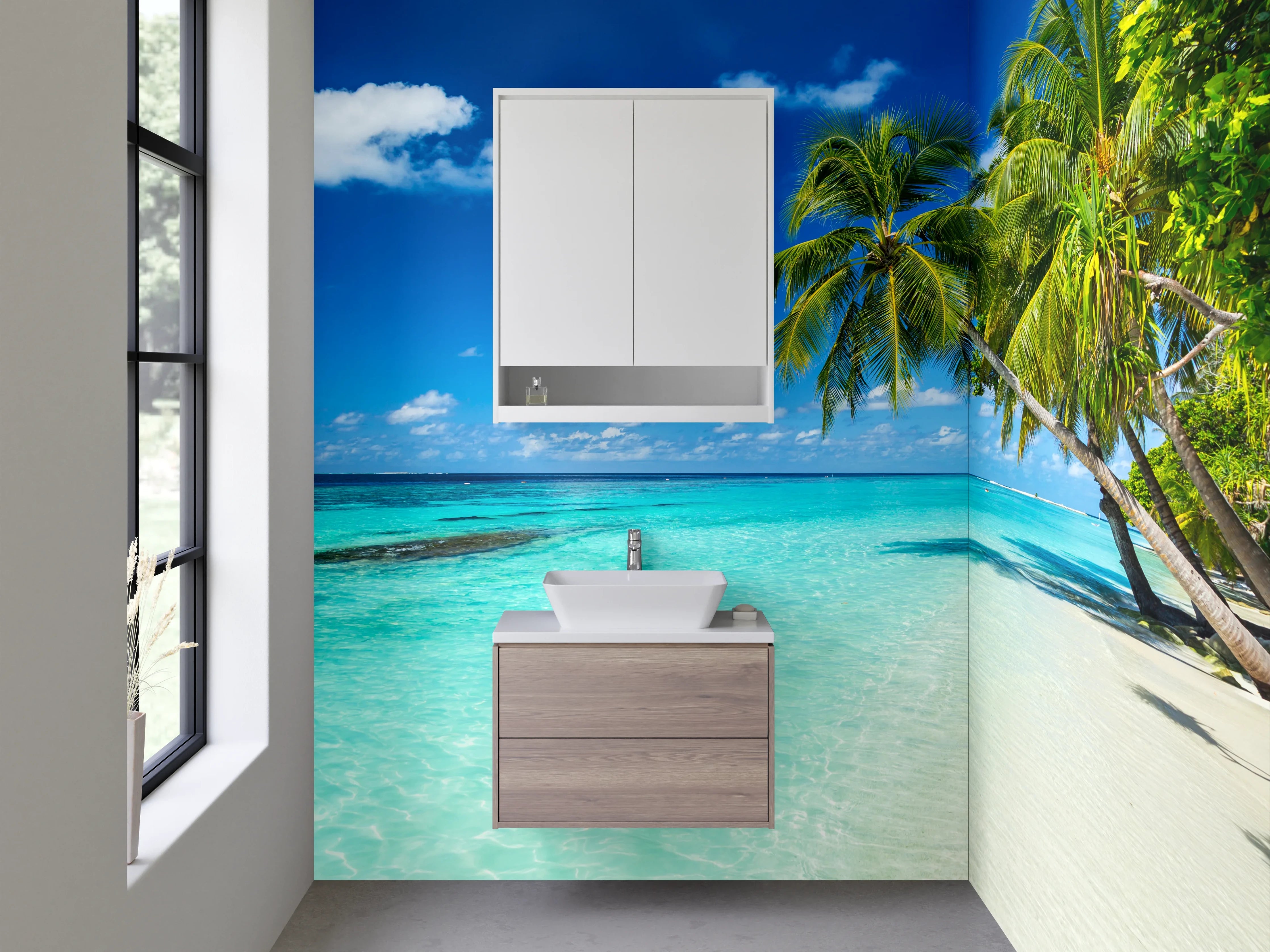 Waschbecken-Rückwand - Tropischer Strand mit Palmen und klarem Wasser