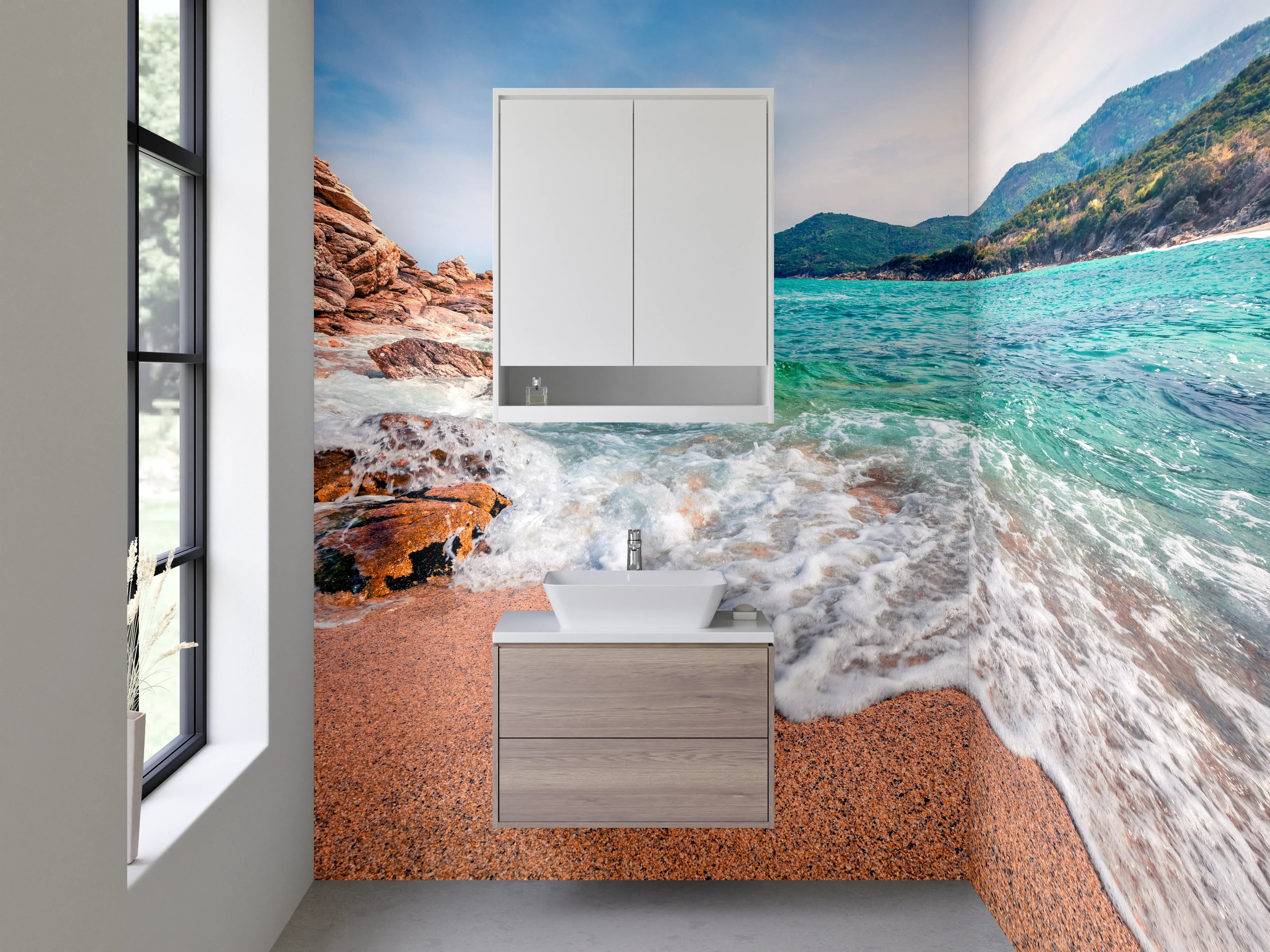 Waschbecken-Rückwand - Tropischer Strand mit klarem Wasser und Bergen