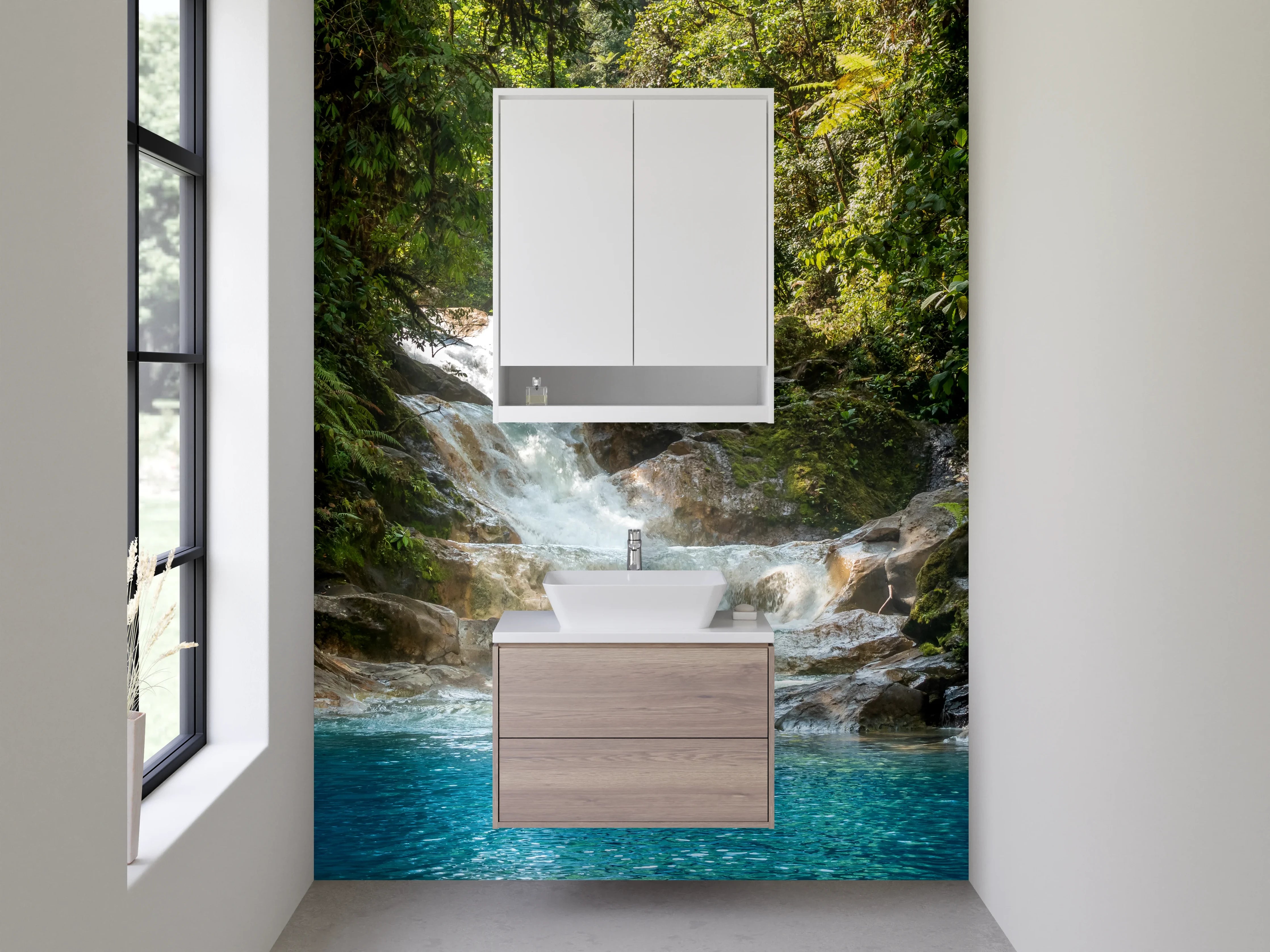 Waschbecken-Rückwand - Tropischer Wasserfall am Dschungelpool