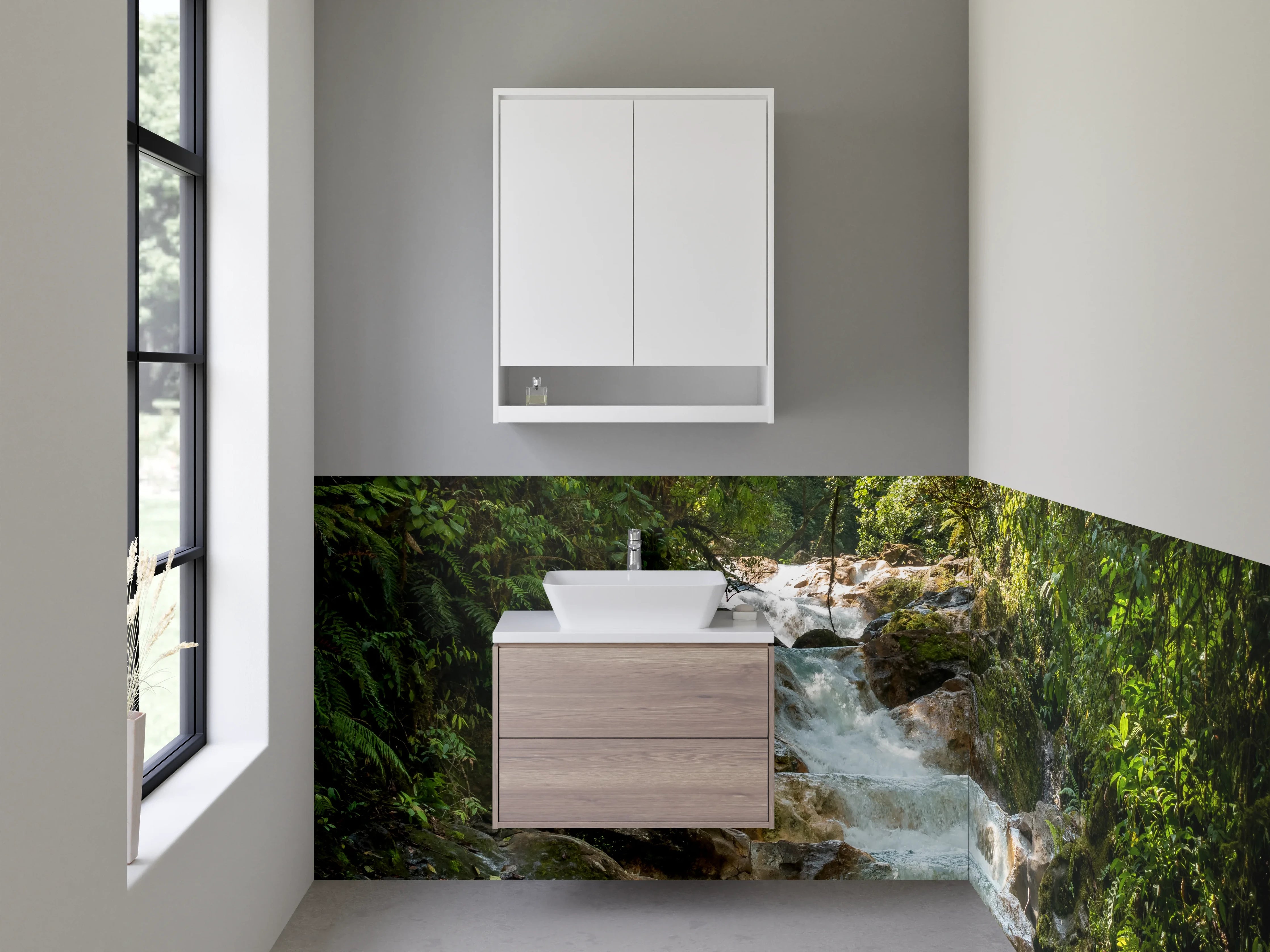 Waschbecken-Rückwand - Tropischer Wasserfall am Dschungelpool