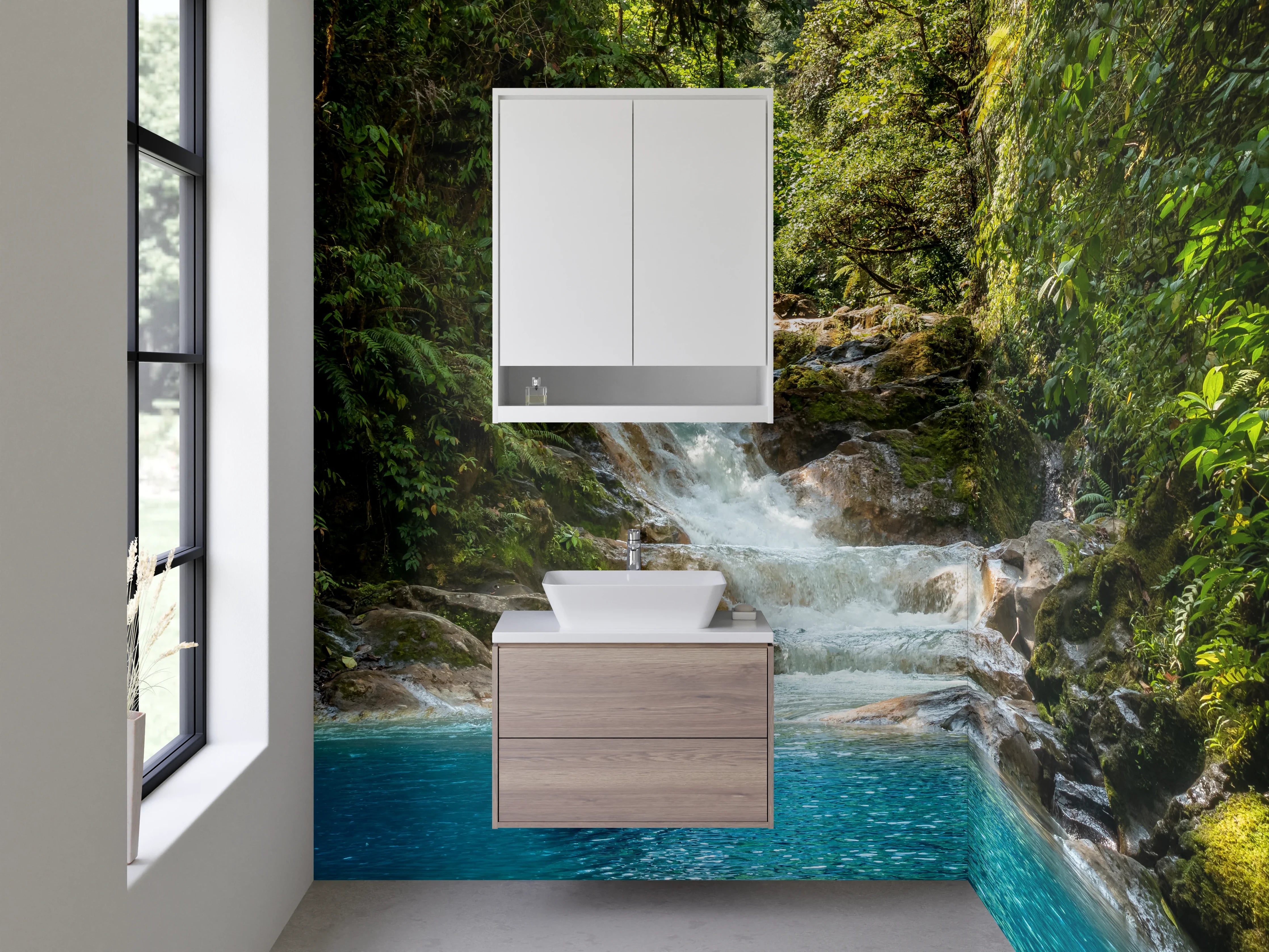 Waschbecken-Rückwand - Tropischer Wasserfall am Dschungelpool