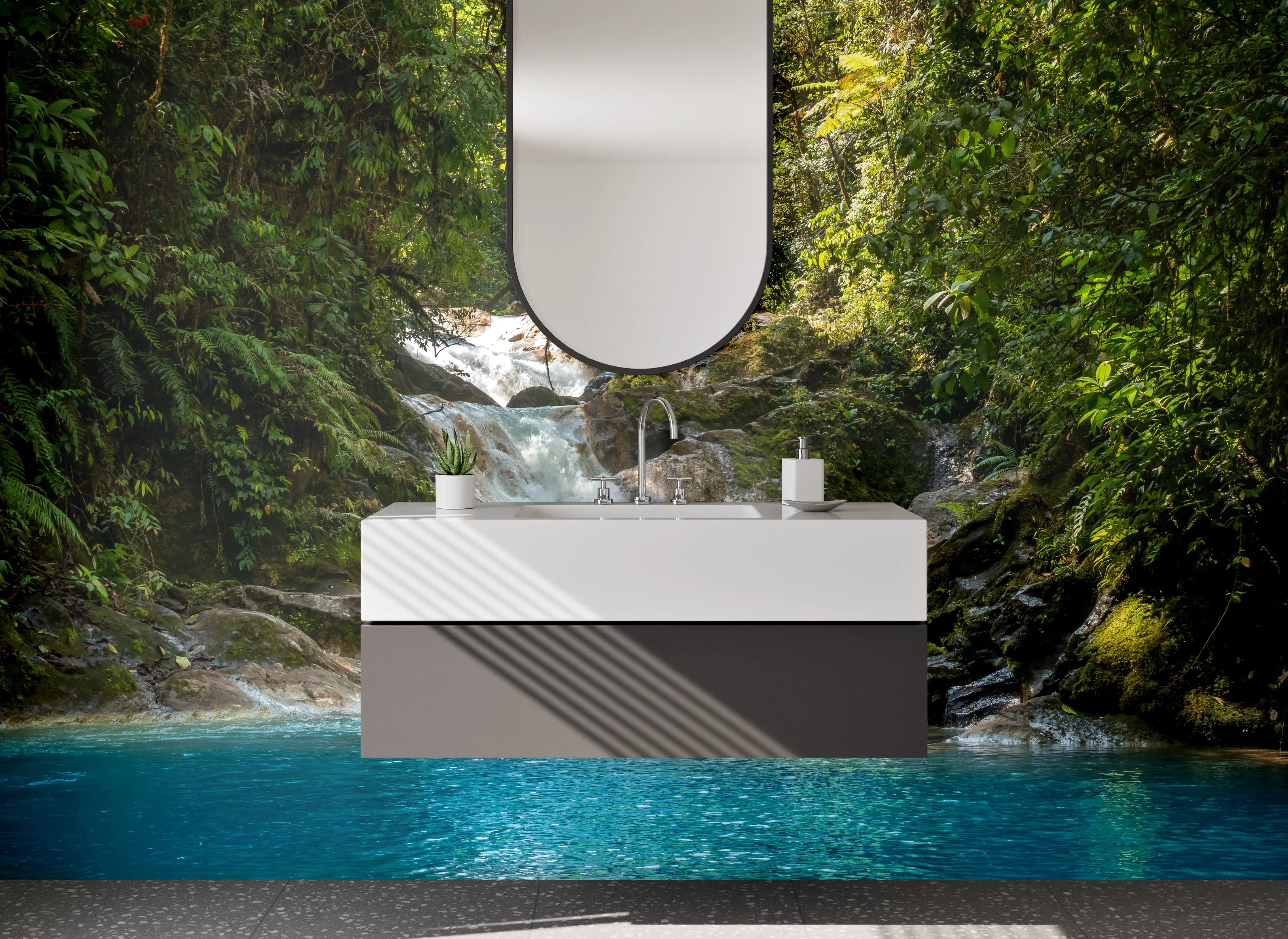 Waschbecken-Rückwand - Tropischer Wasserfall am Dschungelpool