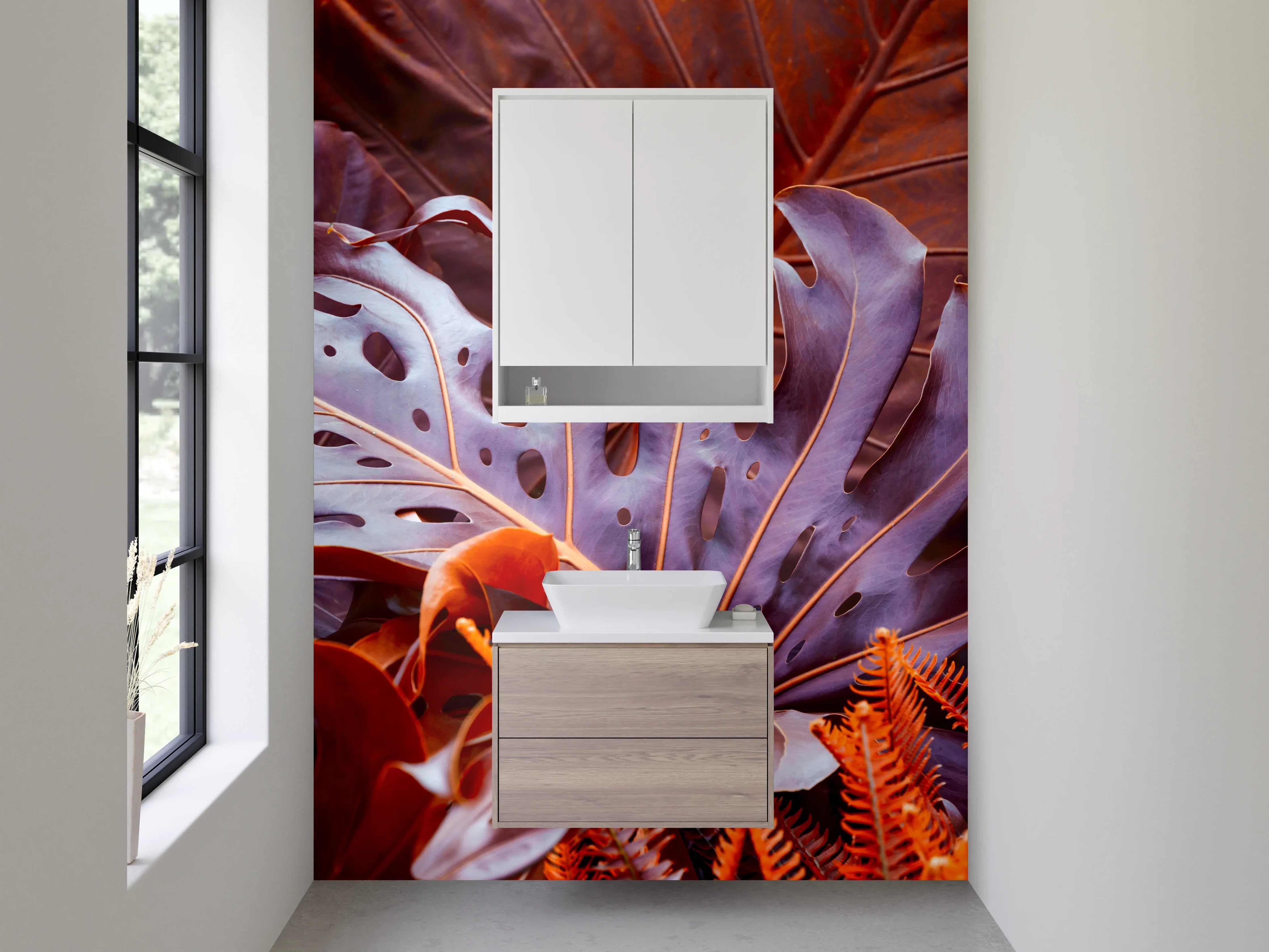 Waschbecken-Rückwand - Tropisches Dschungelblatt Orange Rot