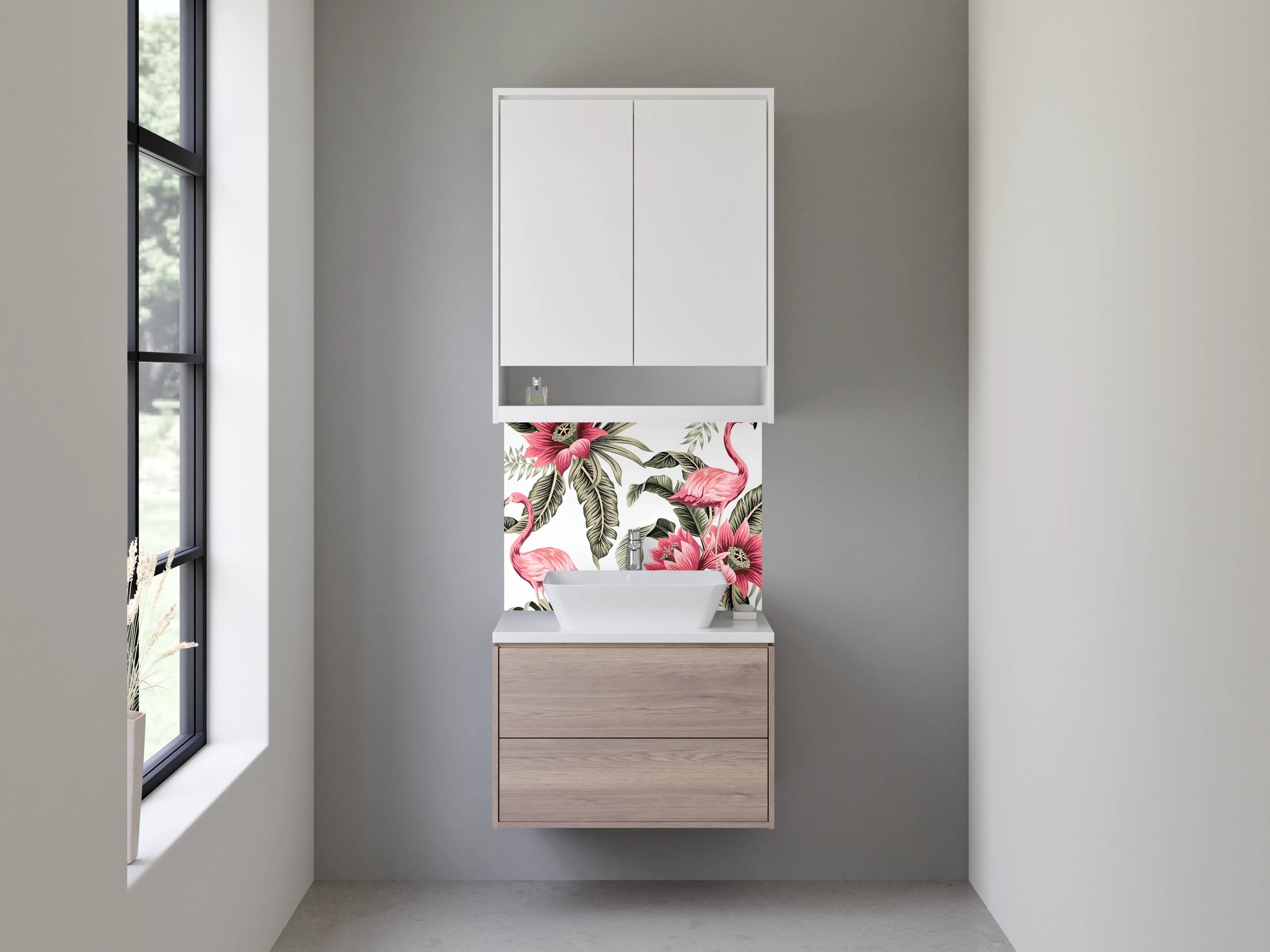 Waschbecken-Rückwand - Tropisches Flamingo-Blumen-Muster
