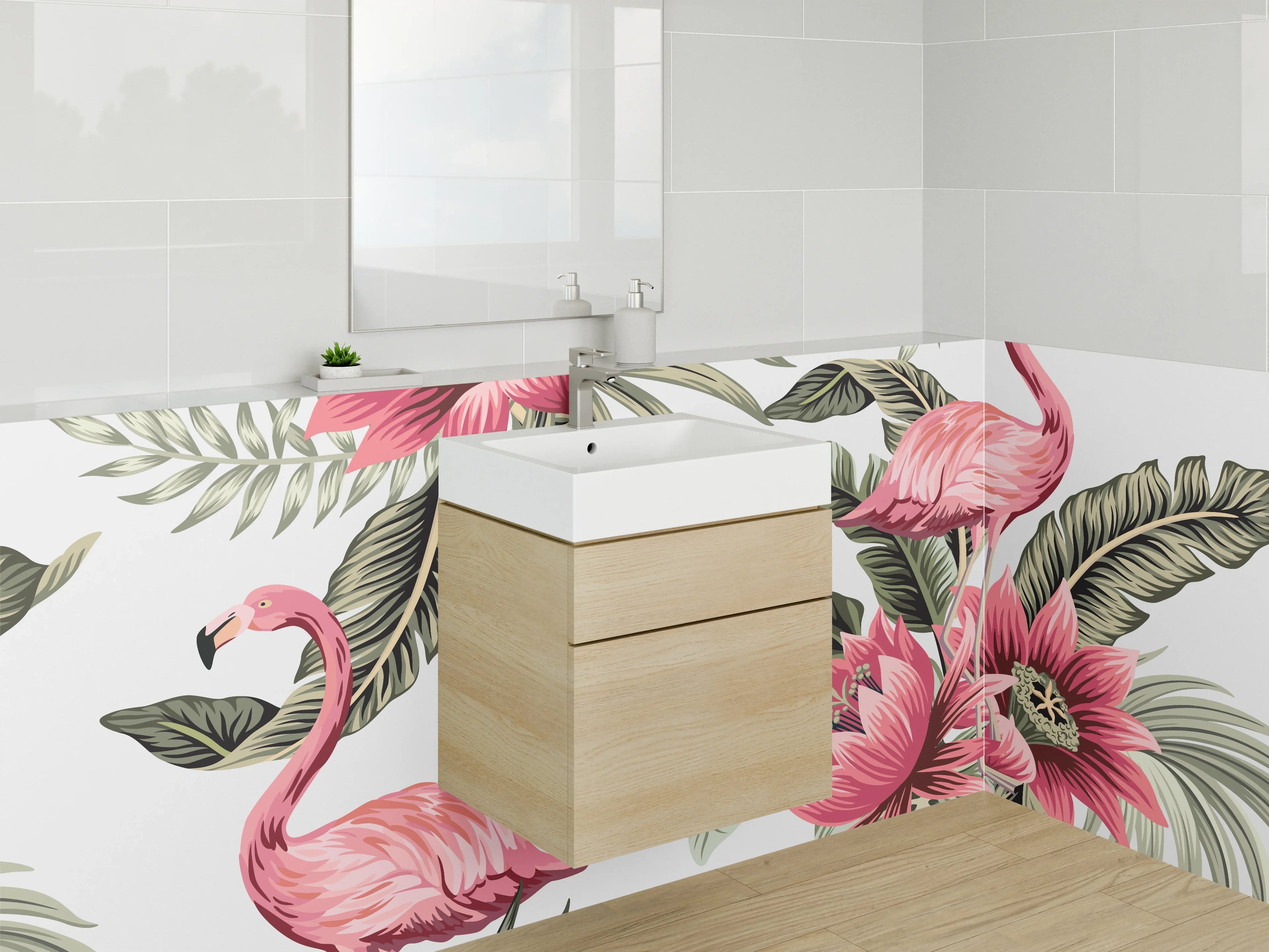 Waschbecken-Rückwand - Tropisches Flamingo-Blumen-Muster