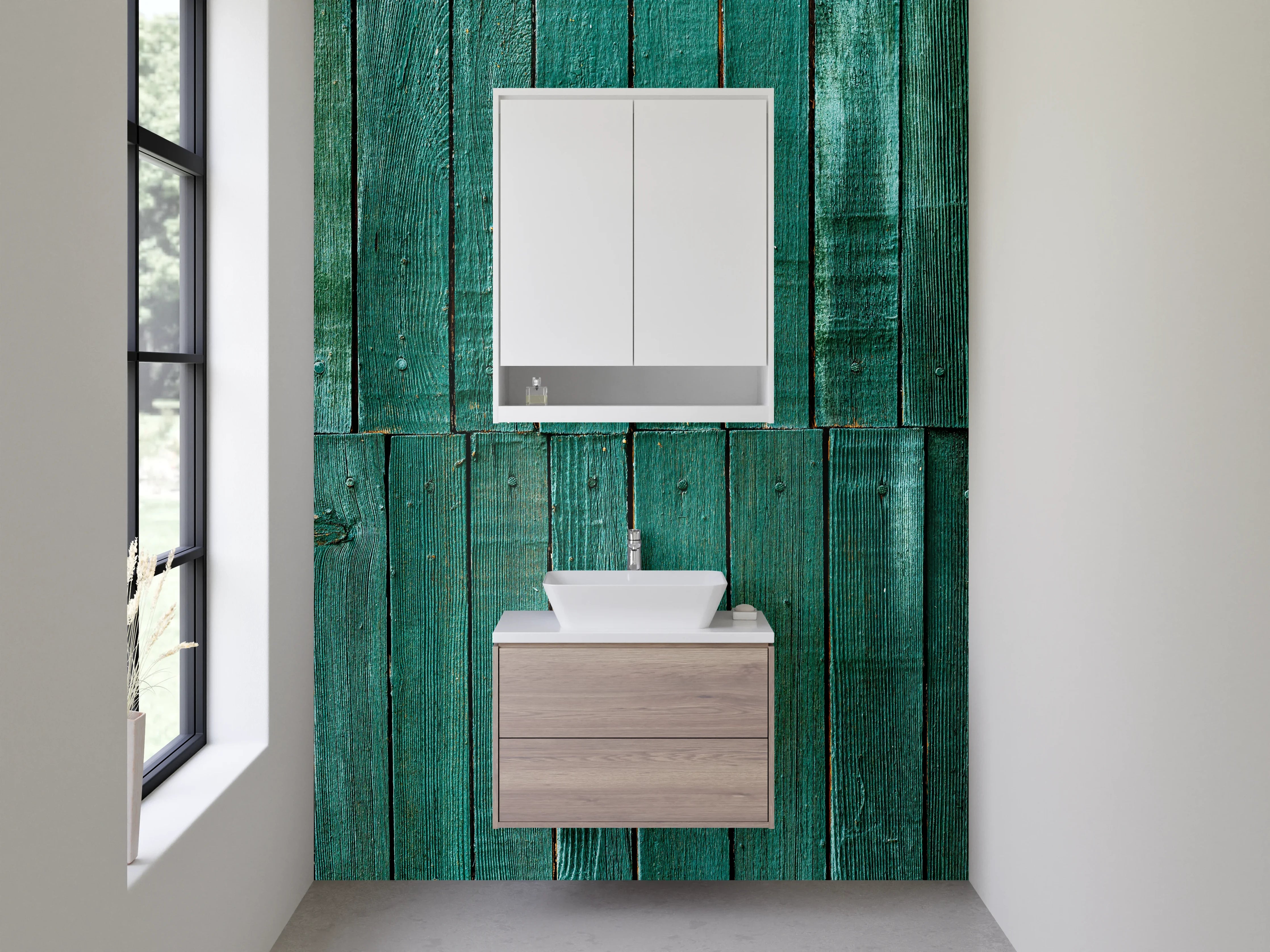 Waschbecken-Rückwand - Türkisfarbene Holzplanken Optik