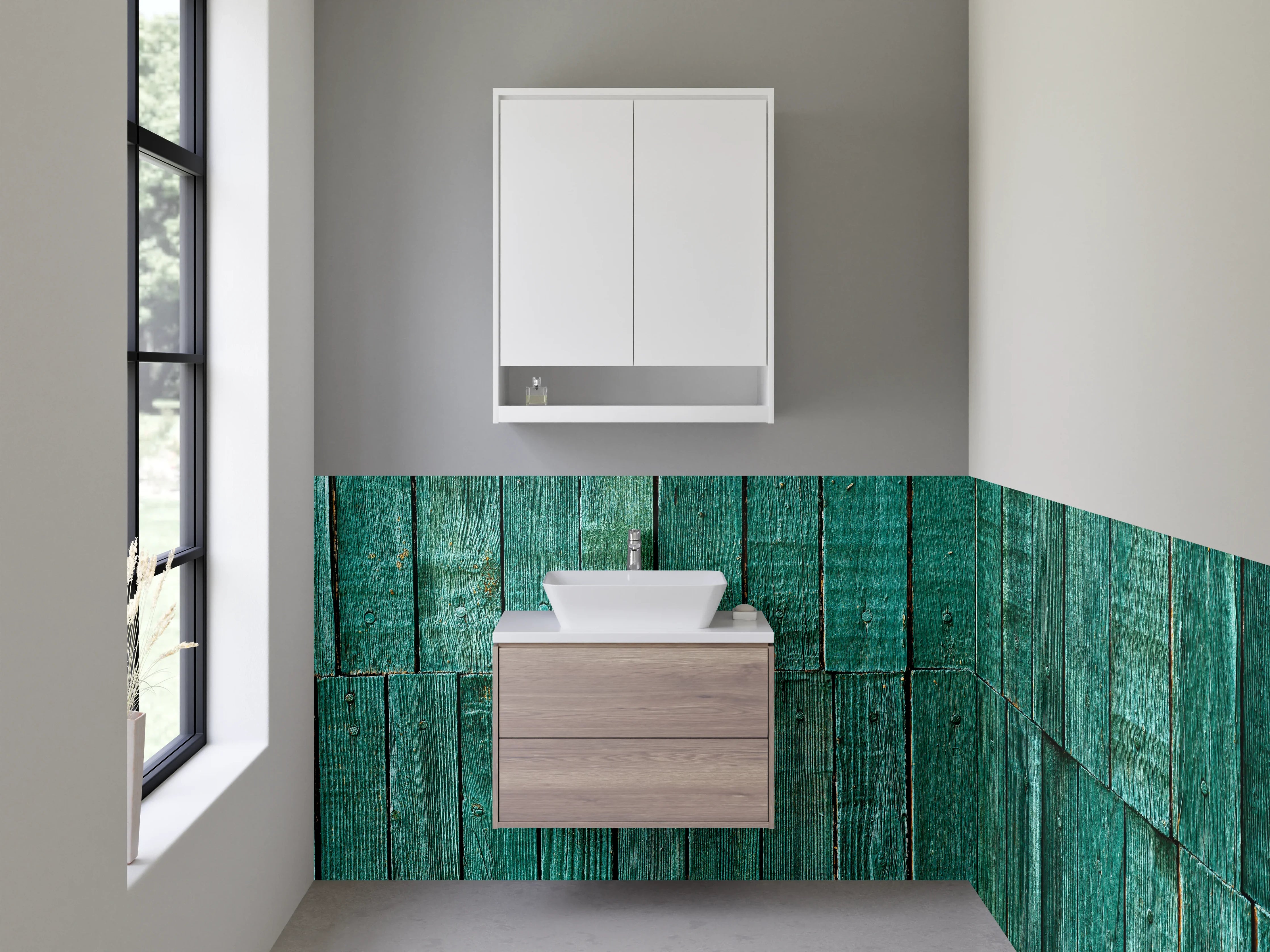 Waschbecken-Rückwand - Türkisfarbene Holzplanken Optik