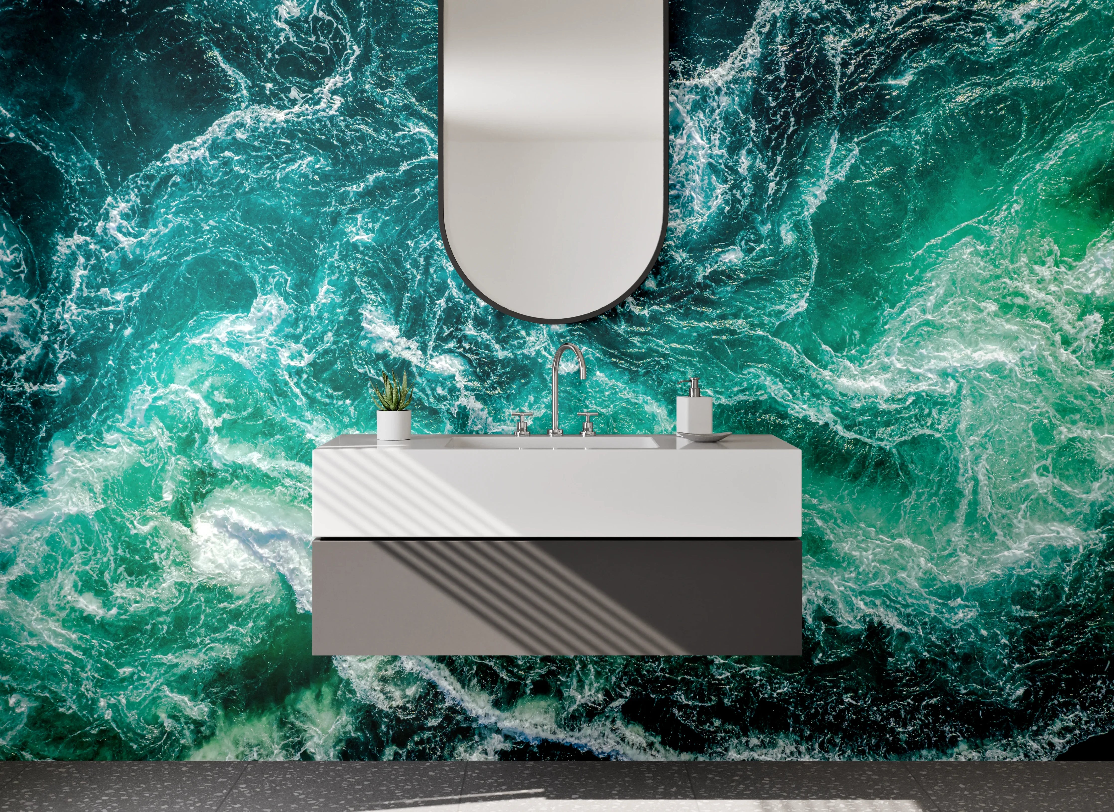 Waschbecken-Rückwand - Turbulente Wasserbewegung mit Grüntönen