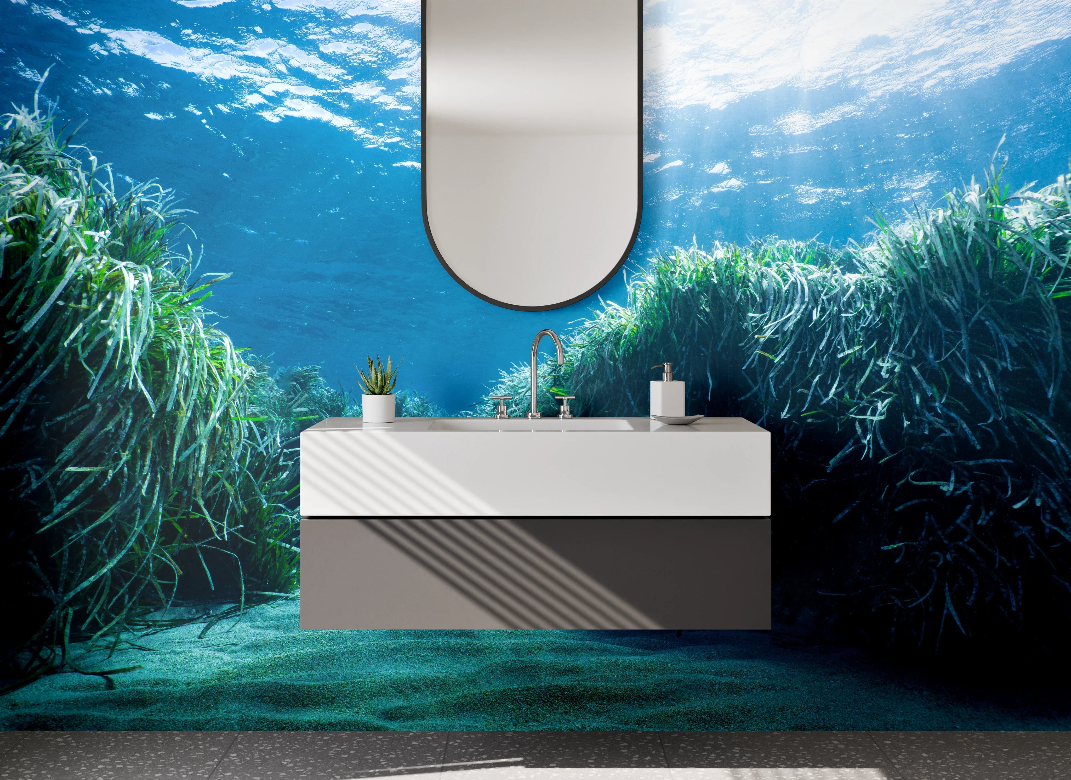 Waschbecken-Rückwand - Unterwasserpanorama mit Gräsern und Sand