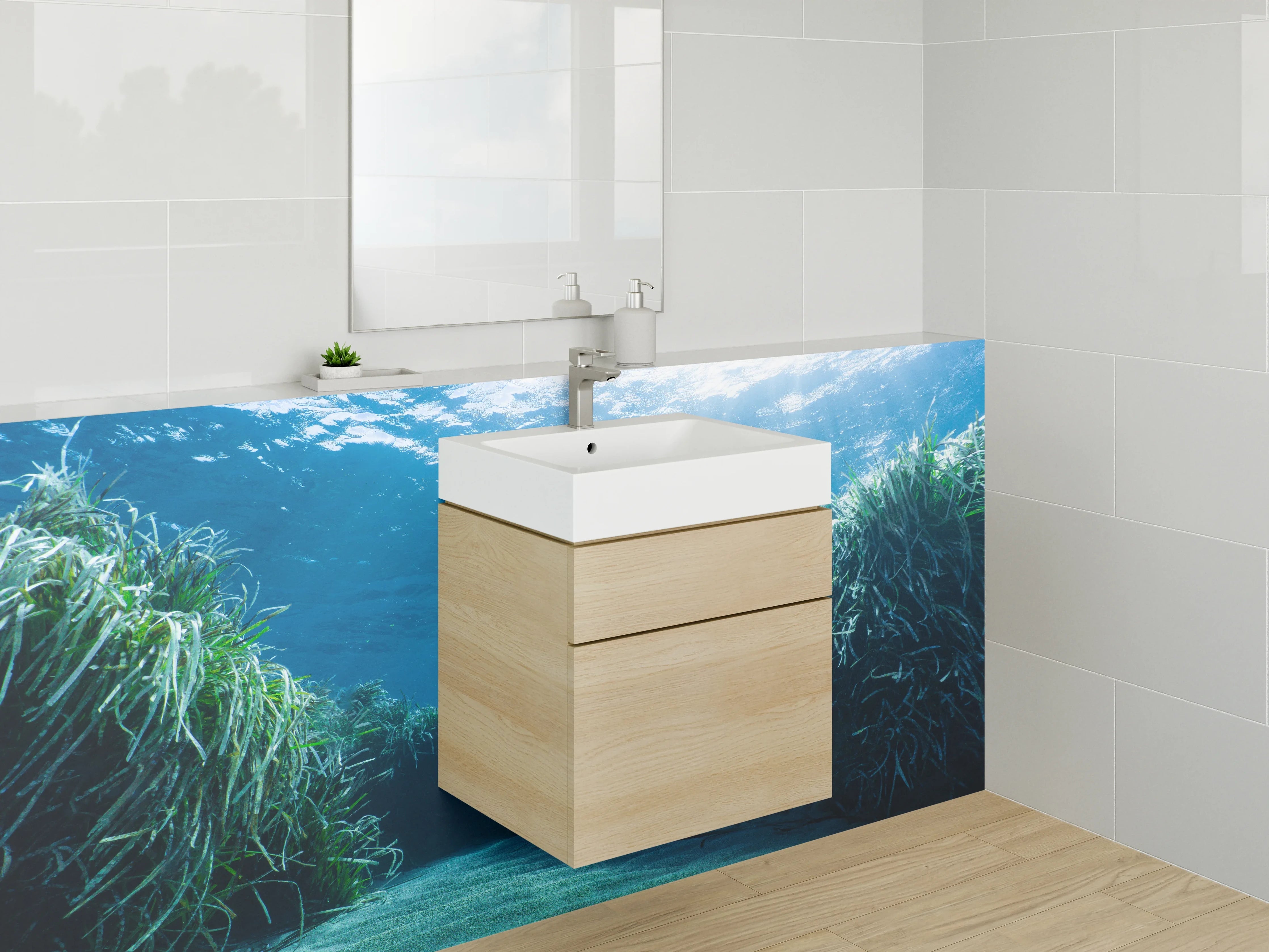 Waschbecken-Rückwand - Unterwasserpanorama mit Gräsern und Sand