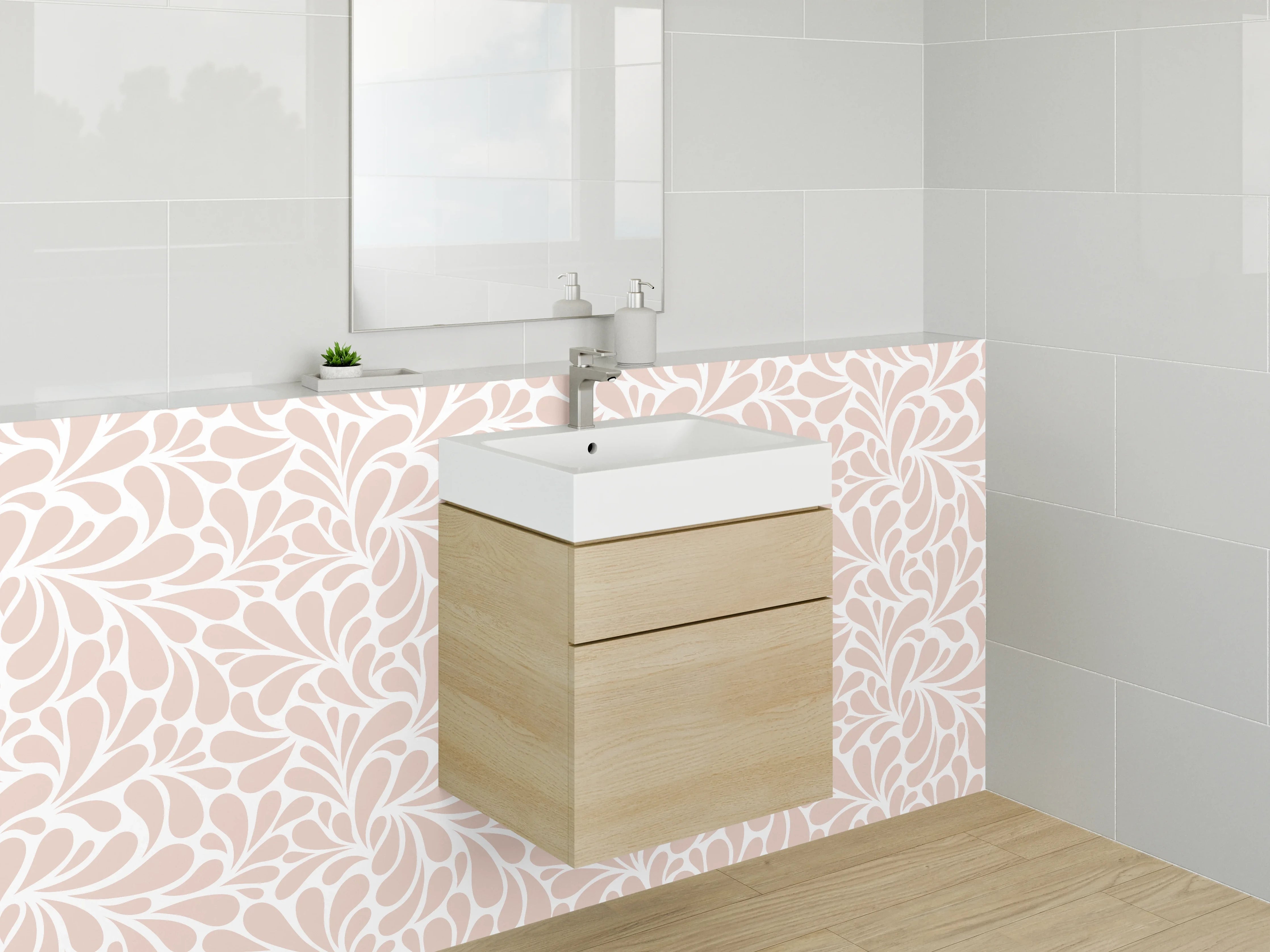 Waschbecken-Rückwand - Verspieltes Blätter-Muster Rosa Weiß