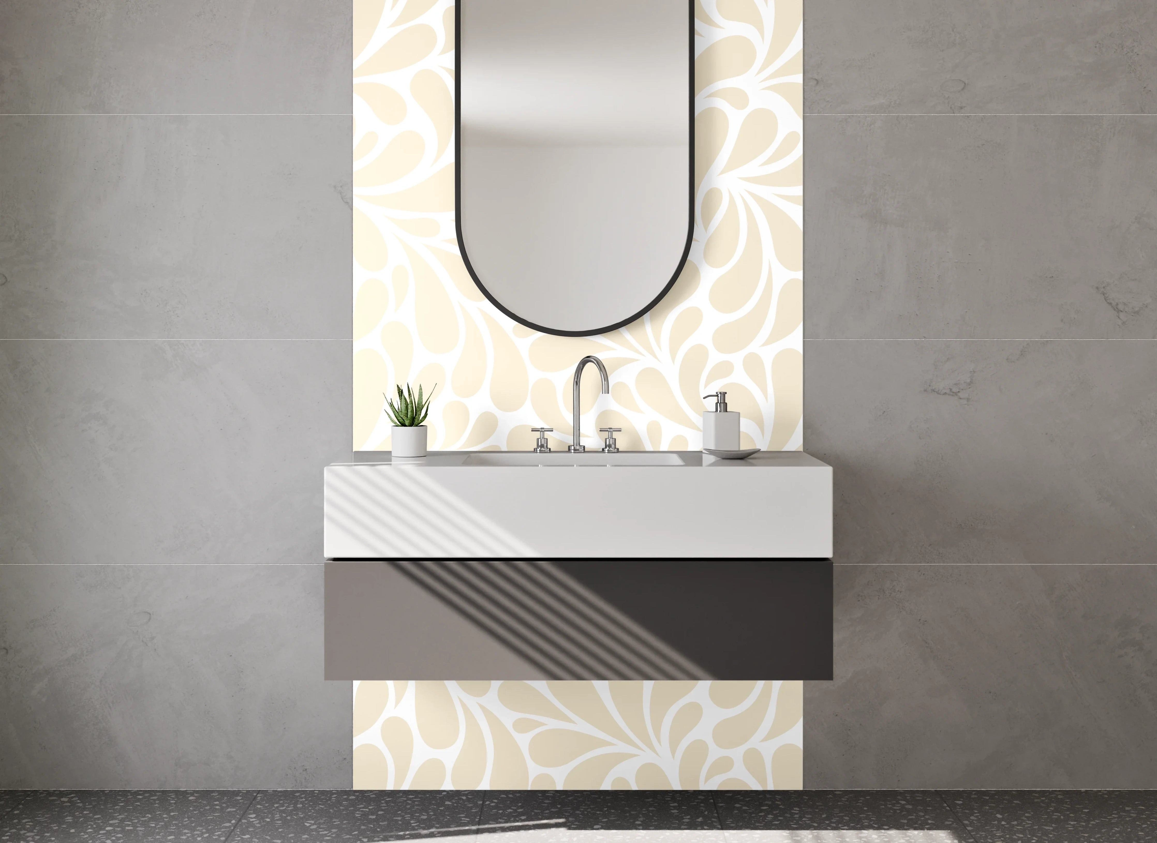Waschbecken-Rückwand - Verspieltes florales Muster Beige Weiß