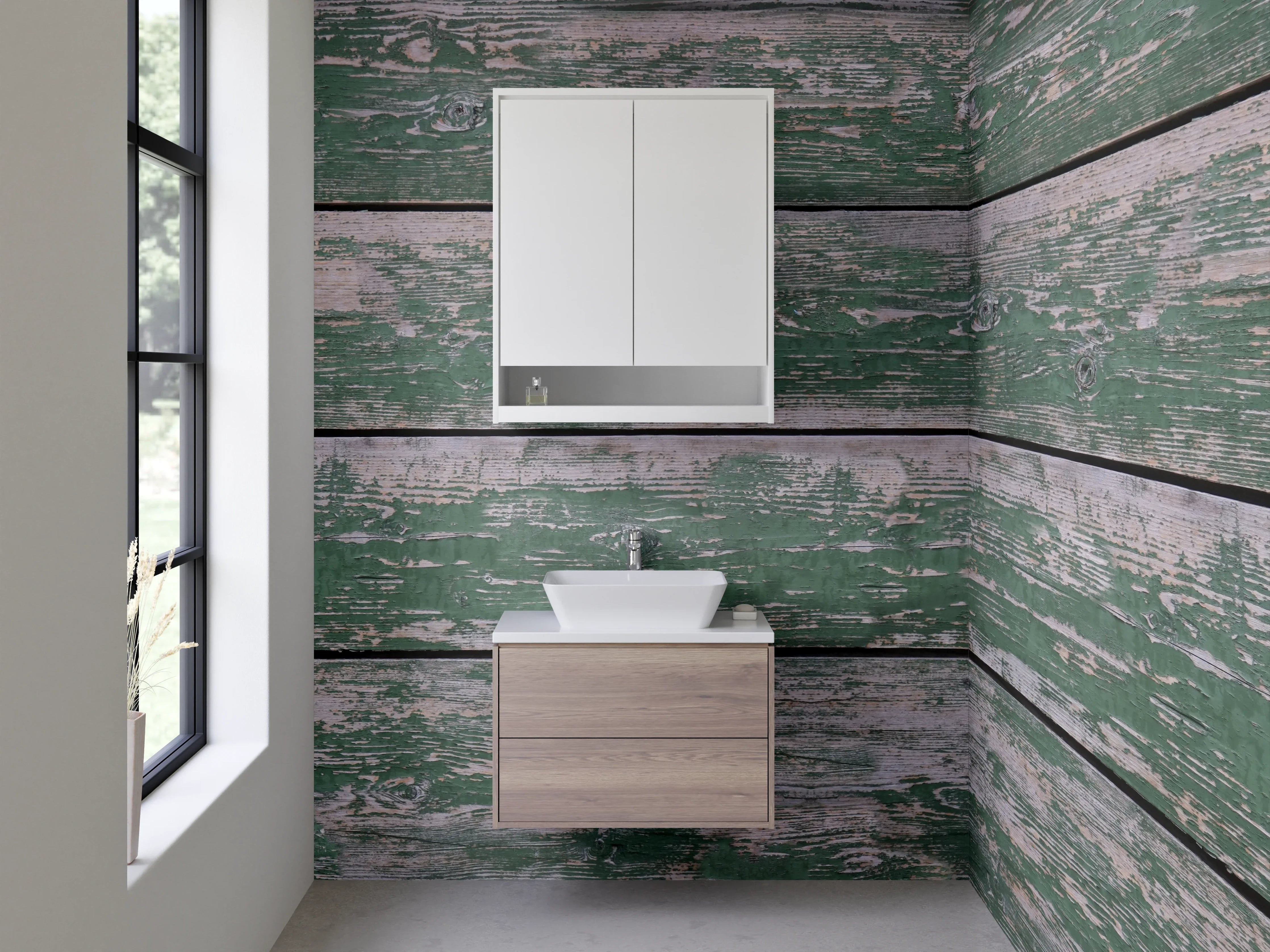 Waschbecken-Rückwand - Verwitterte grüne Holzwand mit Patina