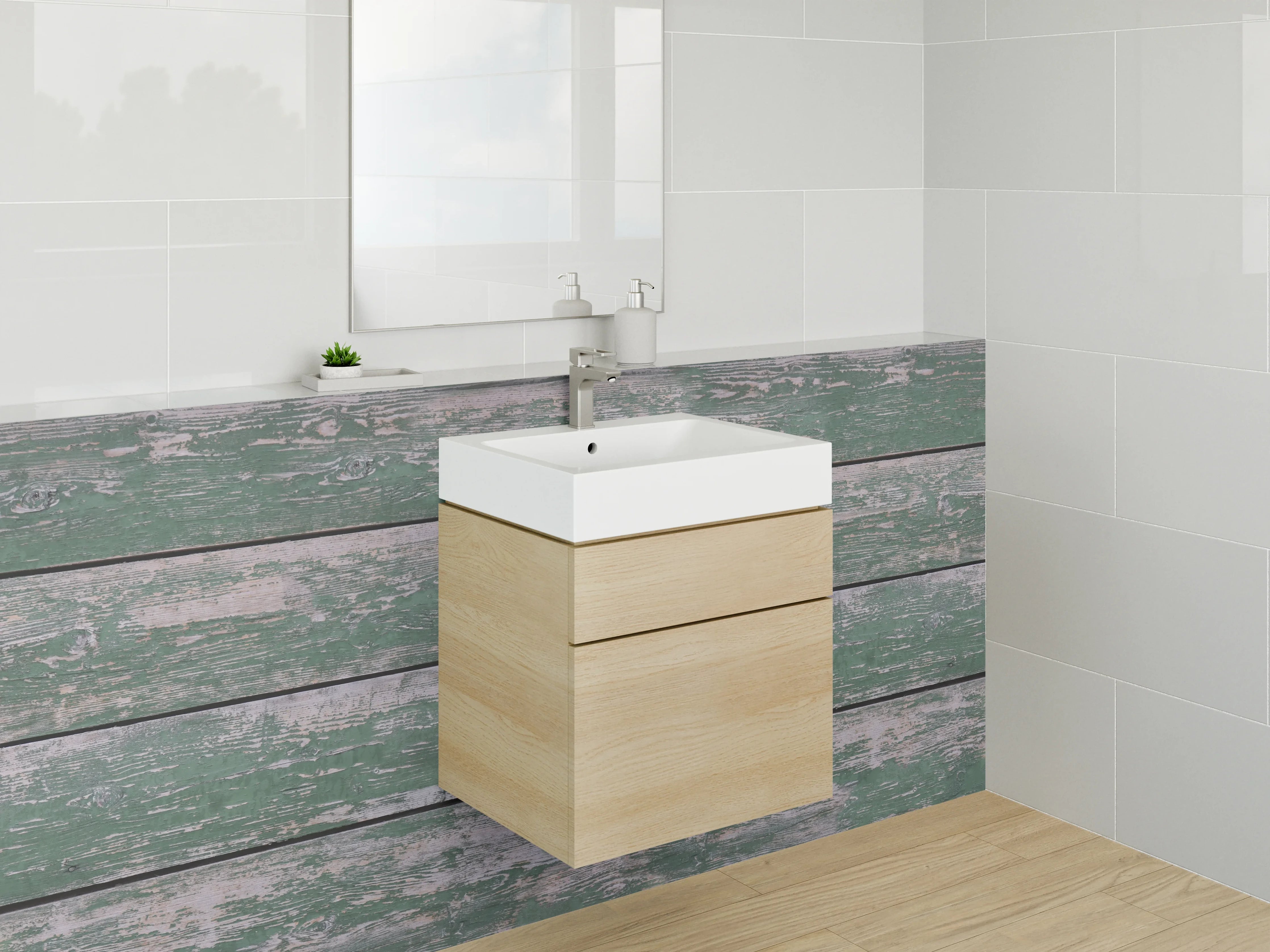 Waschbecken-Rückwand - Verwitterte grüne Holzwand mit Patina
