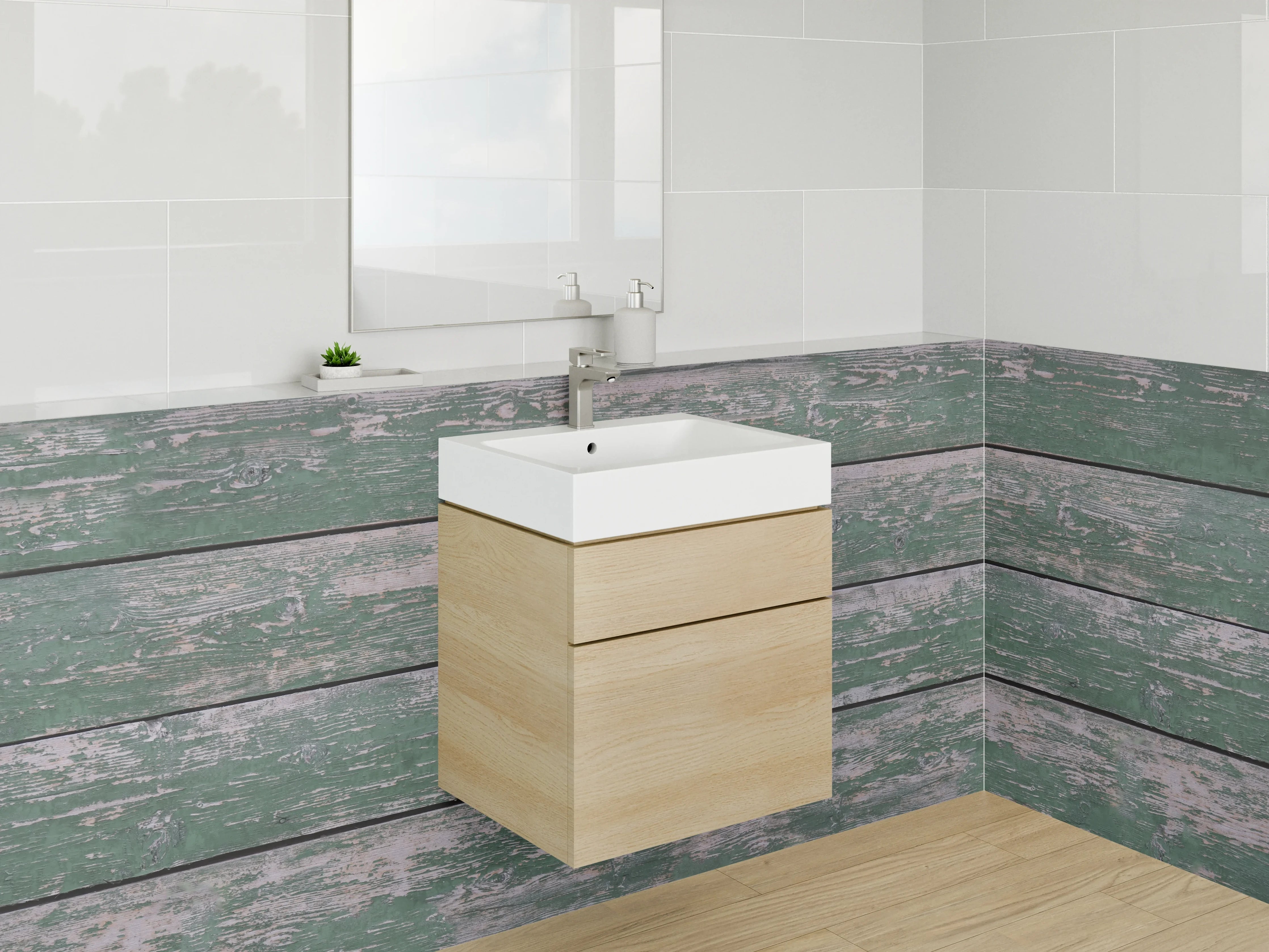 Waschbecken-Rückwand - Verwitterte grüne Holzwand mit Patina