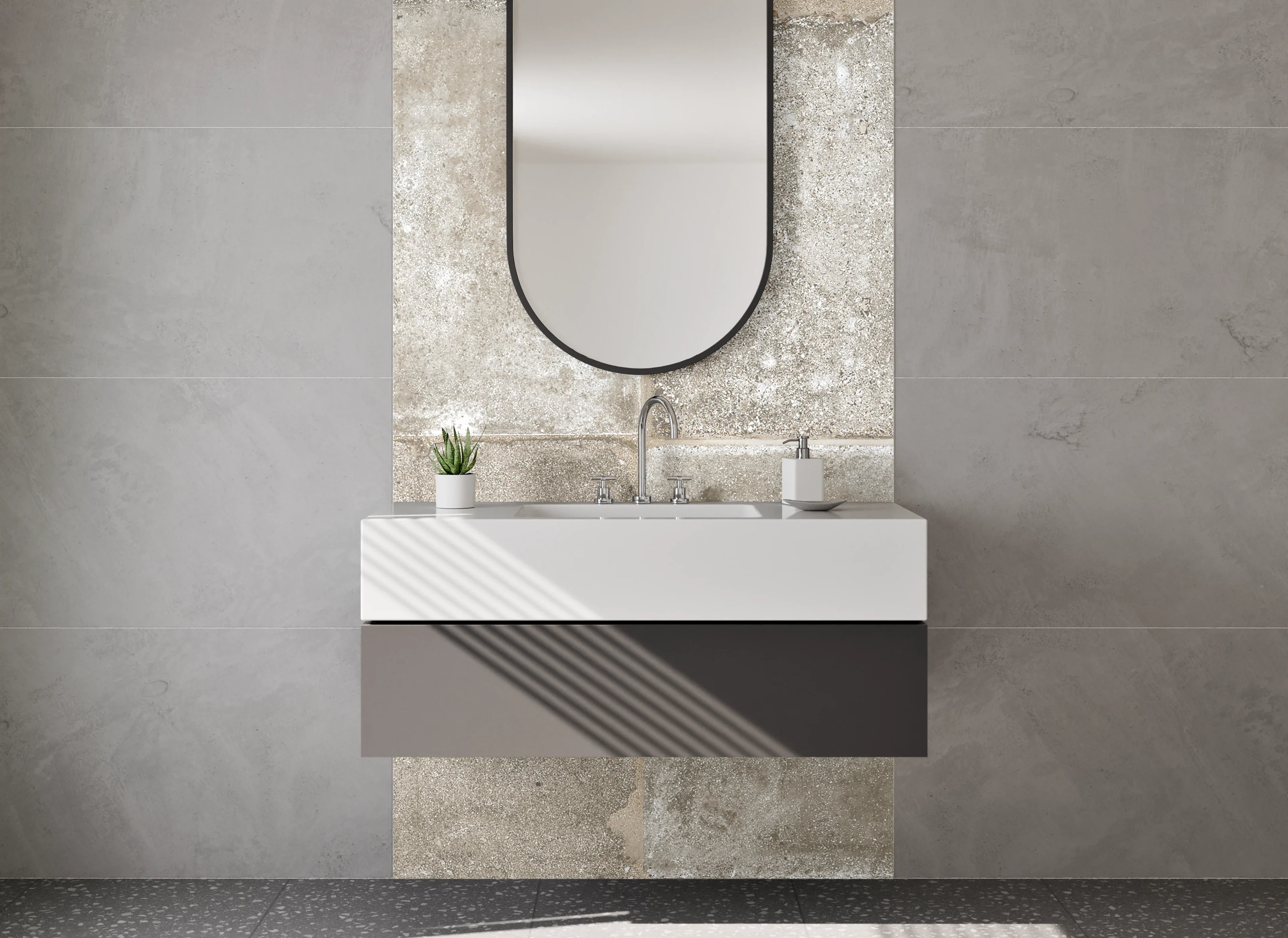 Waschbecken-Rückwand - Vintage Beton Fliesenoptik Weiß-Grau