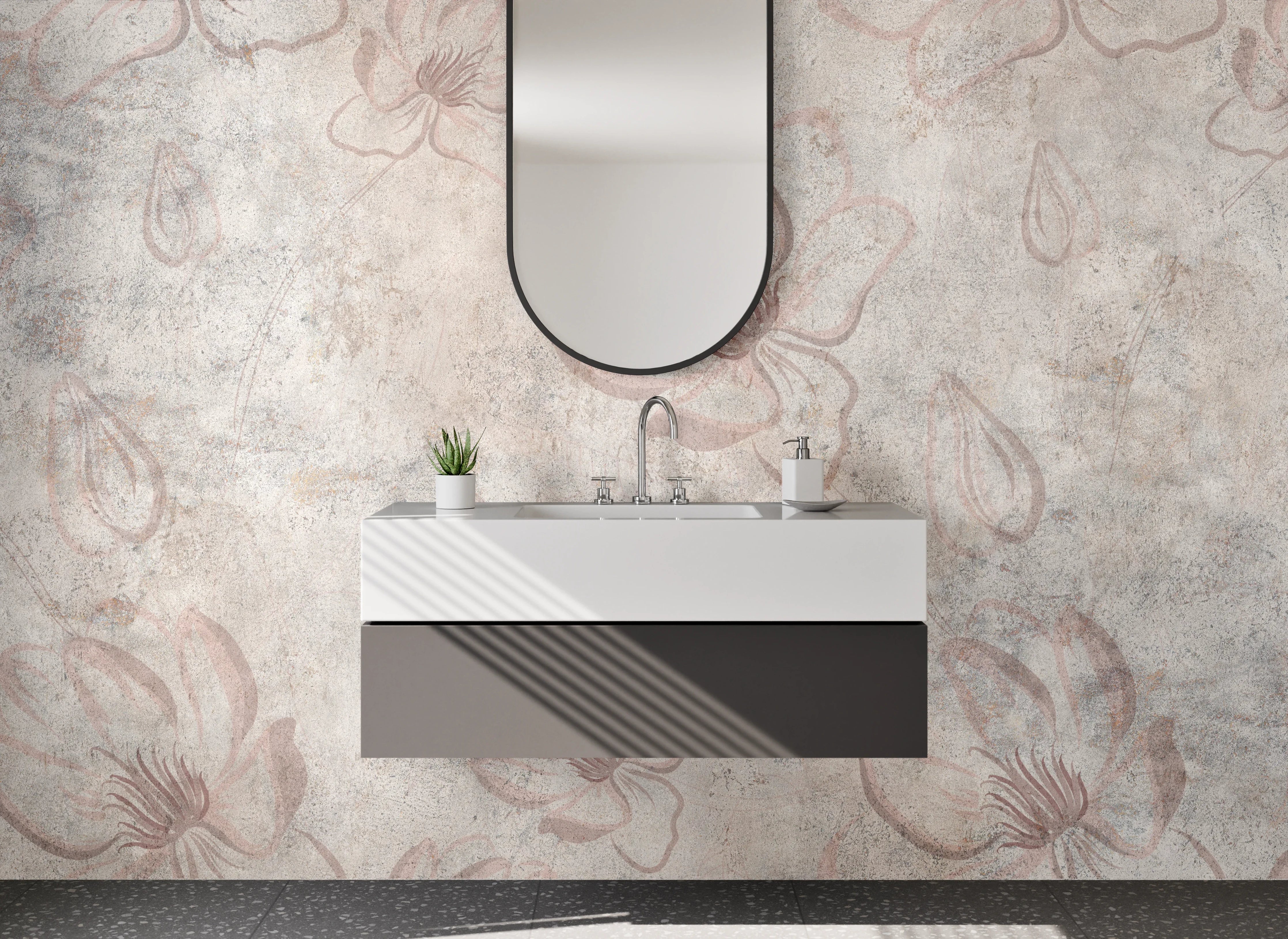 Waschbecken-Rückwand - Vintage Blumen auf Marmor-Optik