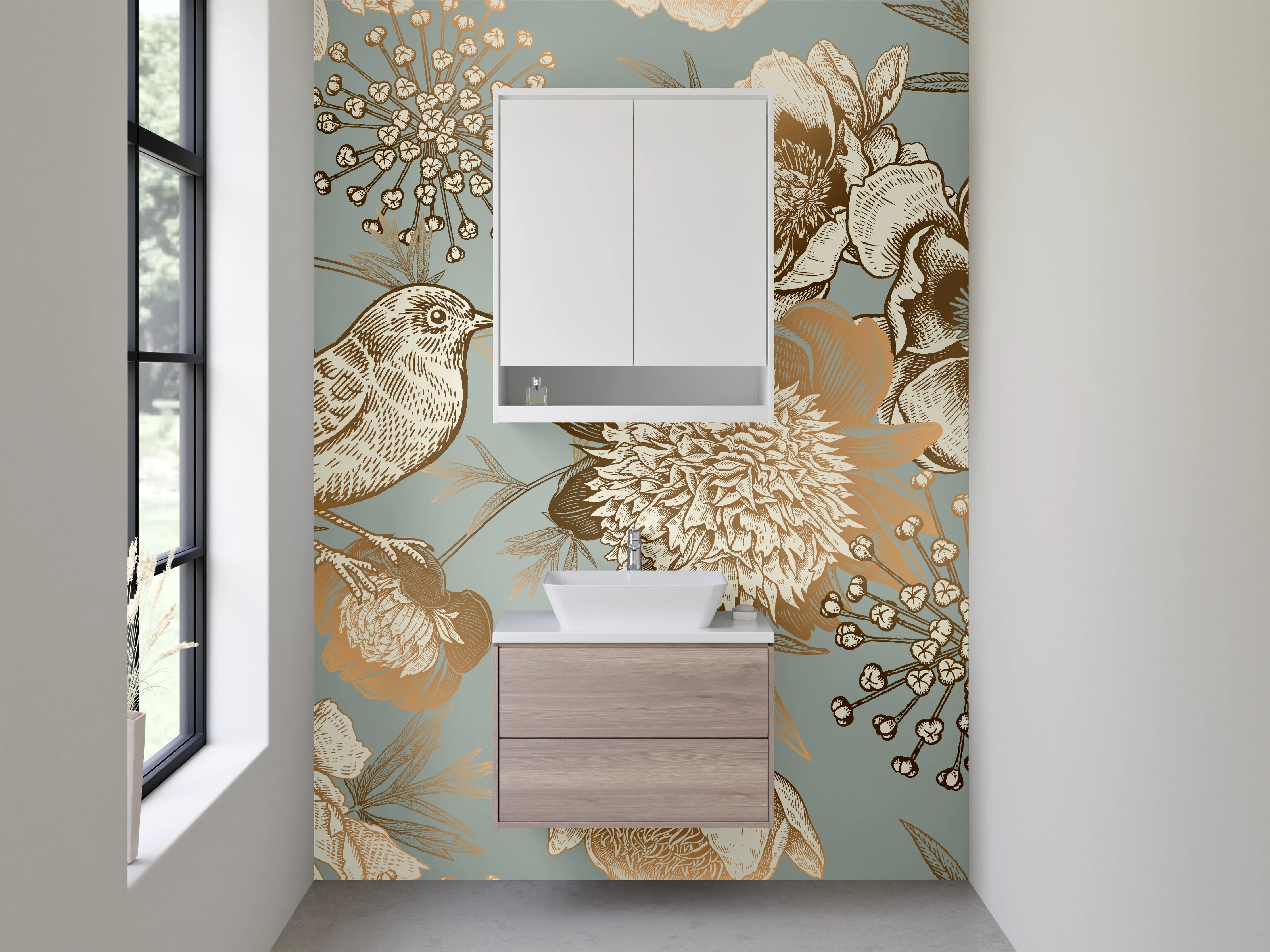 Waschbecken-Rückwand - Vintage Blumen und Vögel Gold-Design