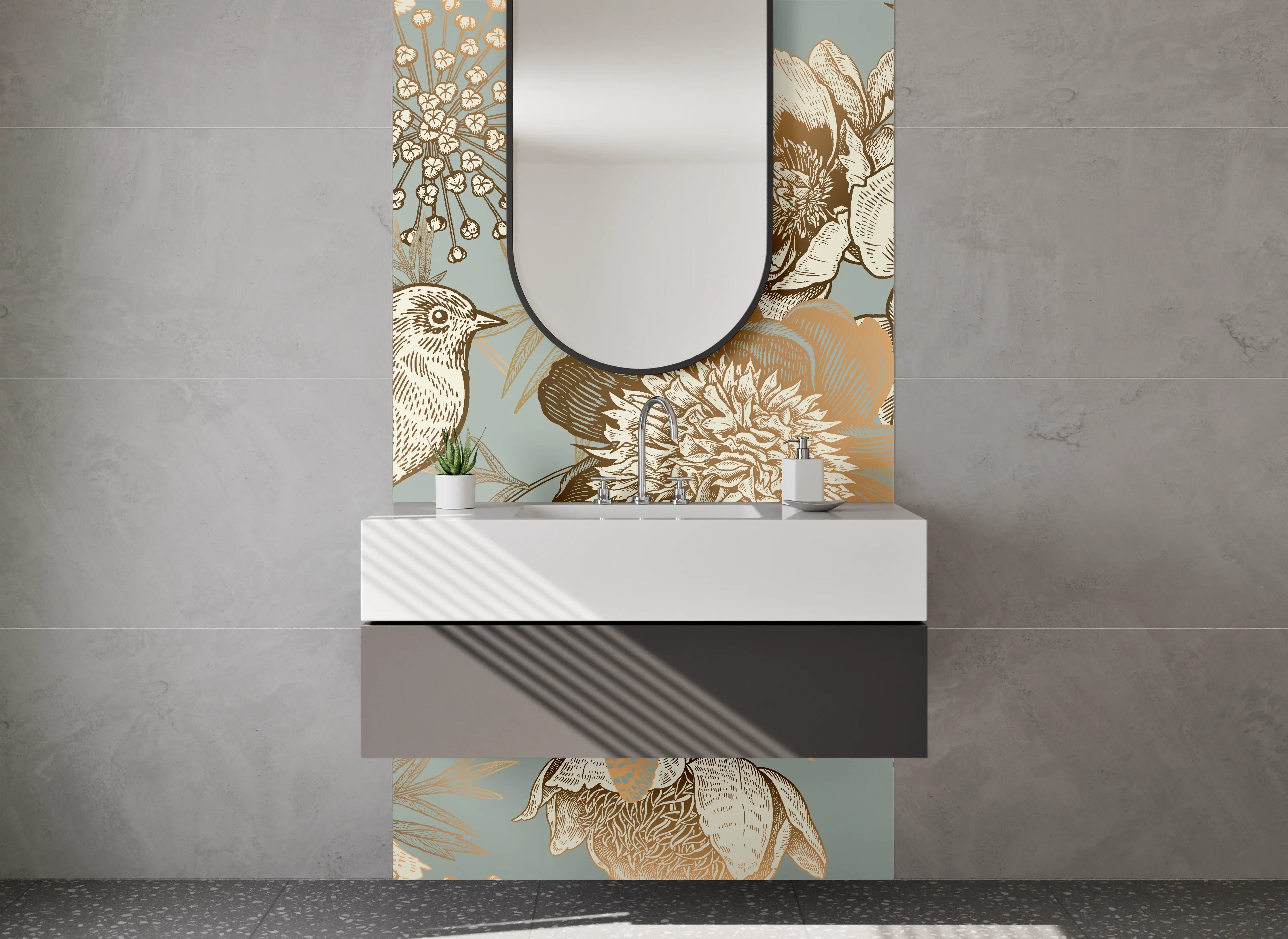 Waschbecken-Rückwand - Vintage Blumen und Vögel Gold-Design