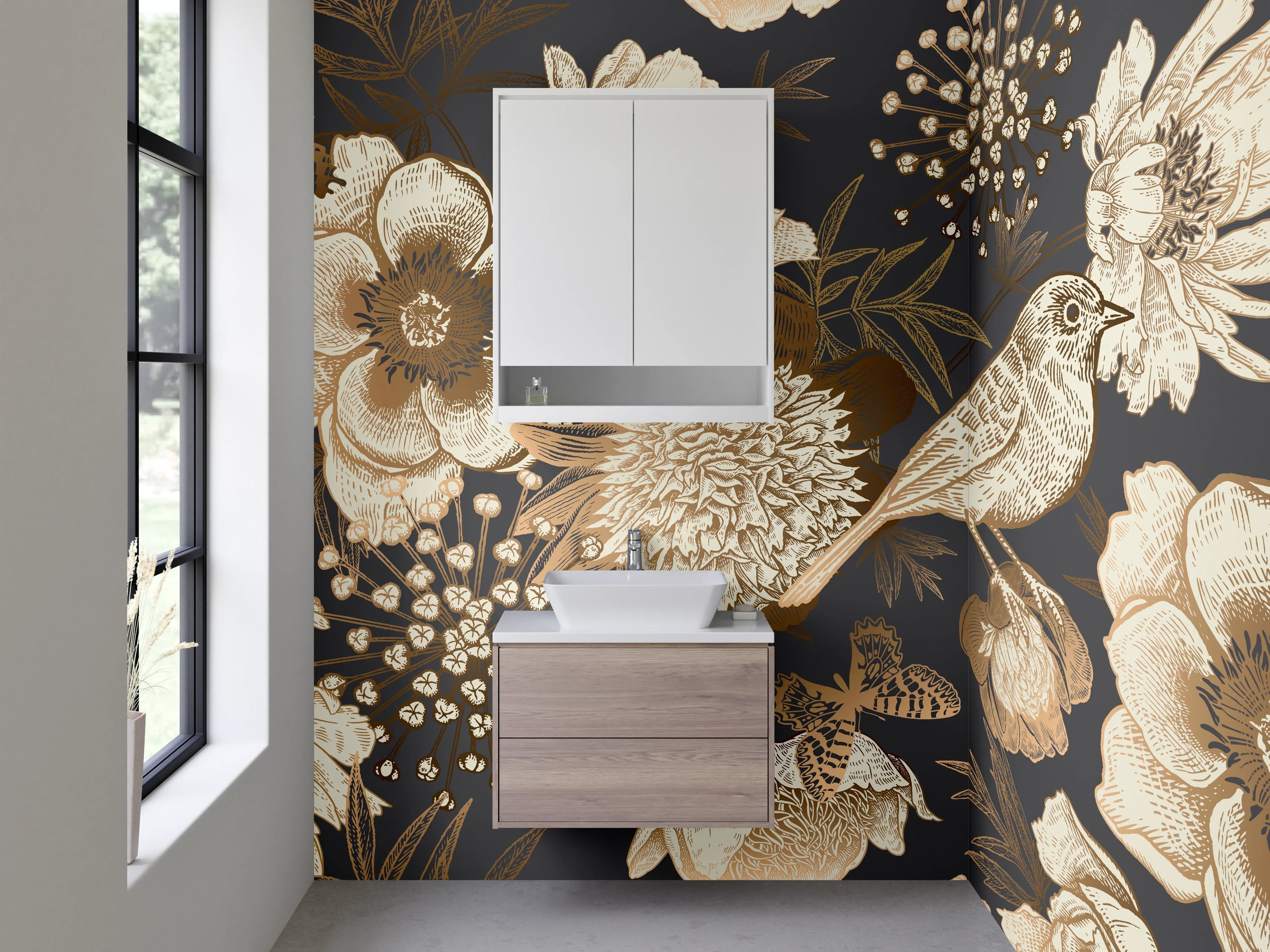 Waschbecken-Rückwand - Vintage Blumen und Vogel Illustration