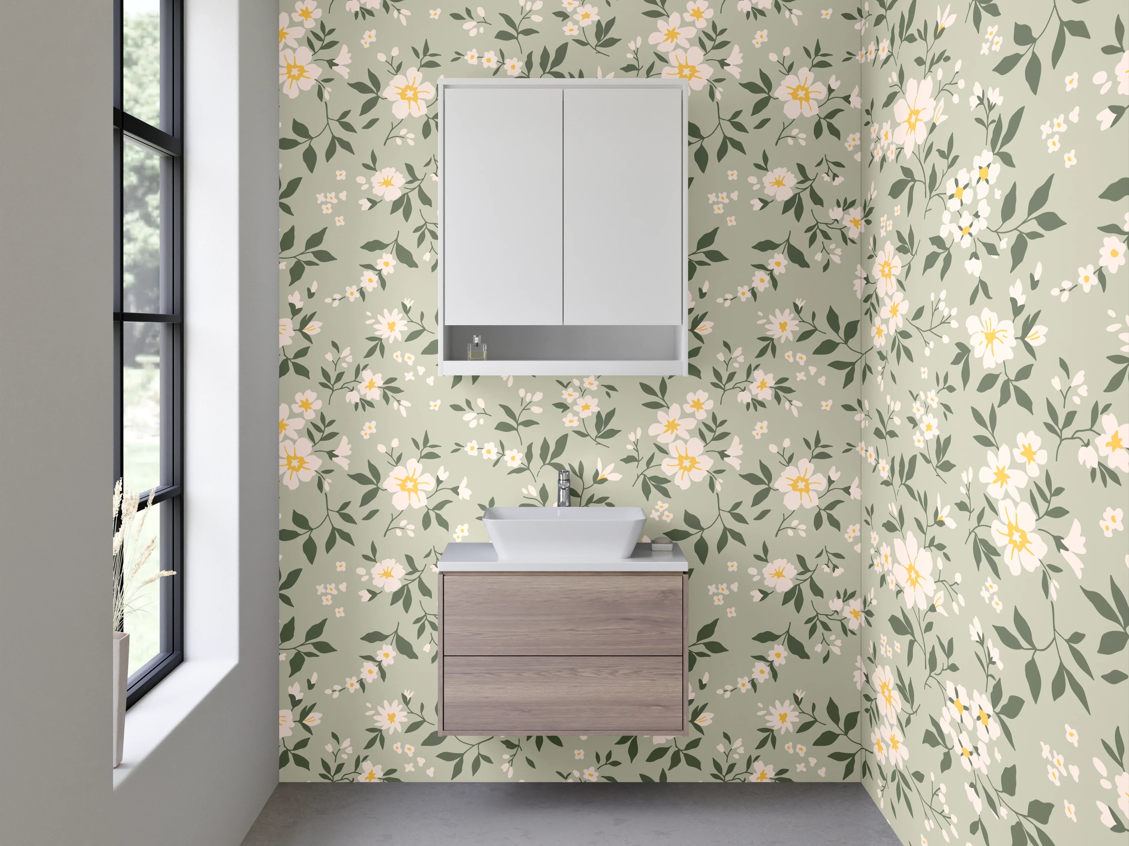 Waschbecken-Rückwand - Vintage Blumenmuster Beige Grün Gelb