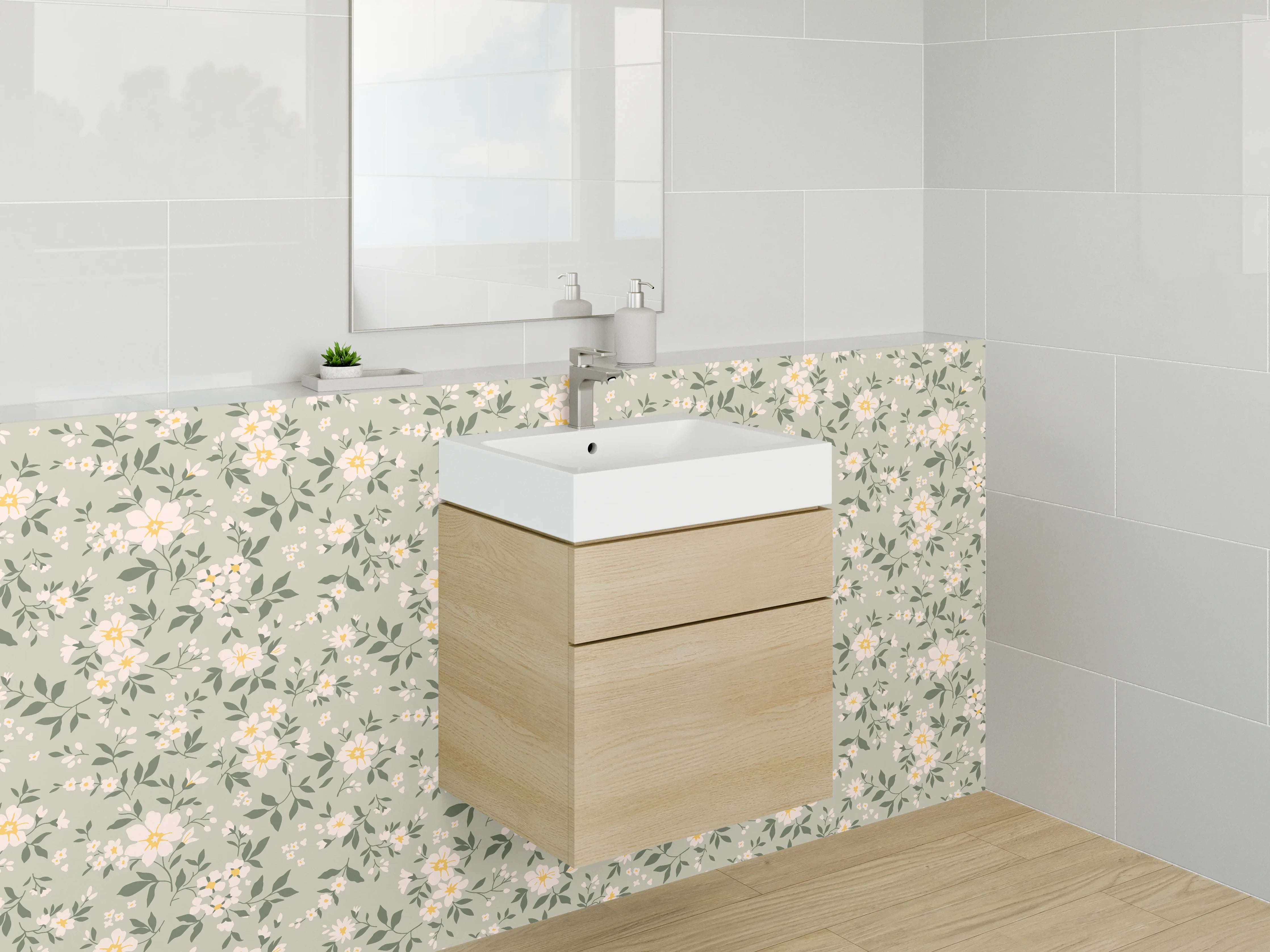 Waschbecken-Rückwand - Vintage Blumenmuster Beige Grün Gelb