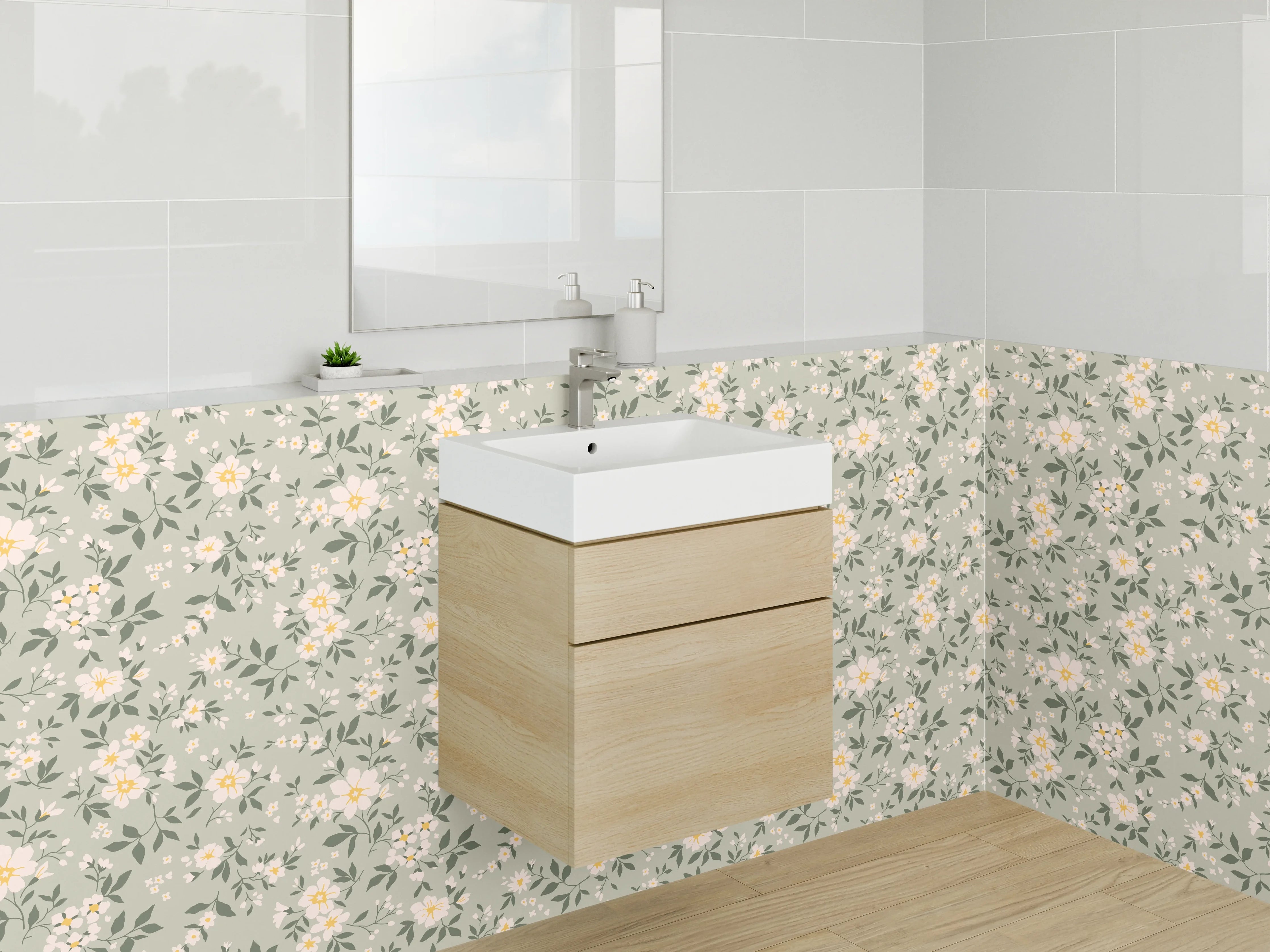 Waschbecken-Rückwand - Vintage Blumenmuster Beige Grün Gelb