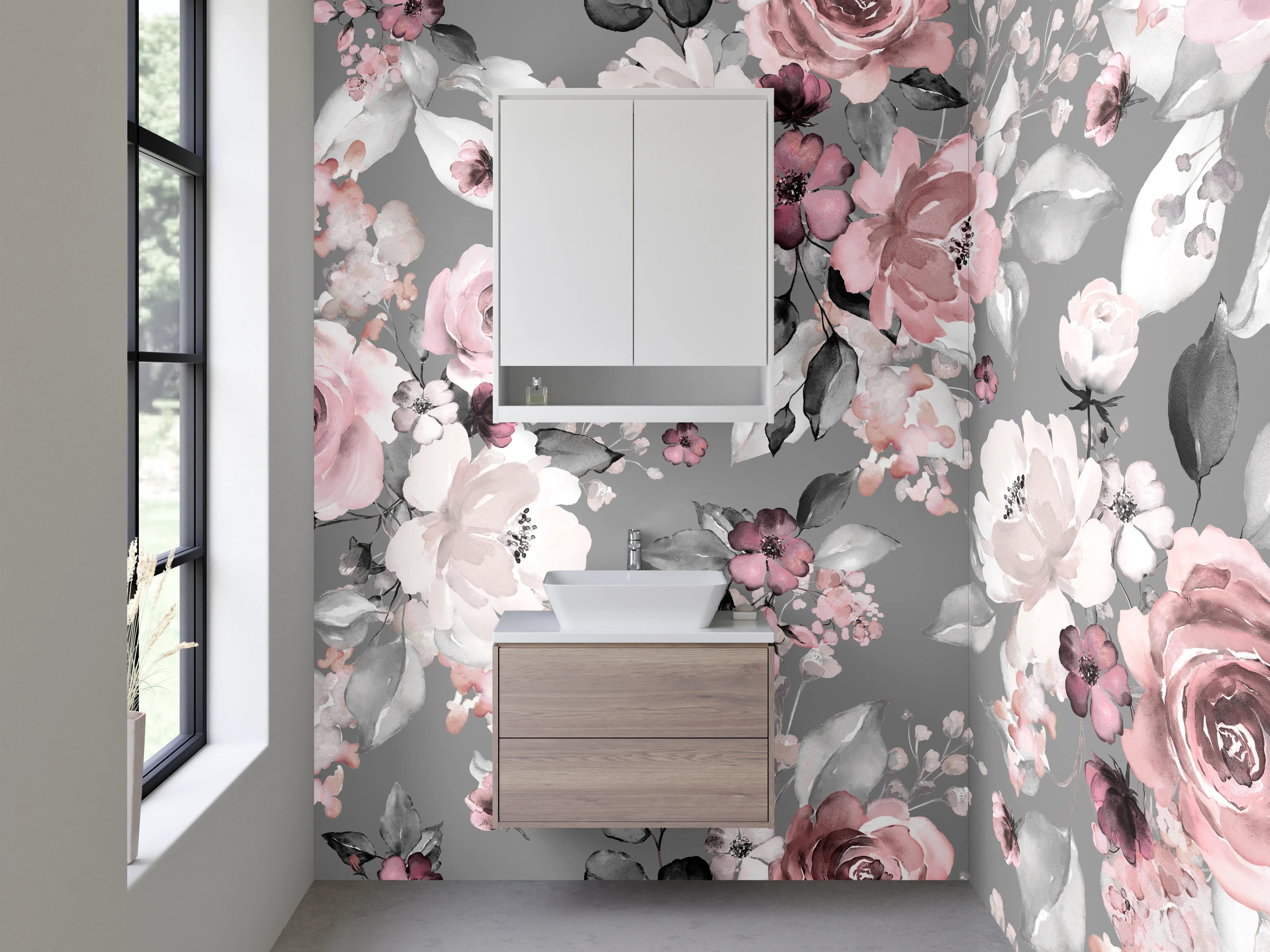 Waschbecken-Rückwand - Vintage Blumenmuster Grau Rosa