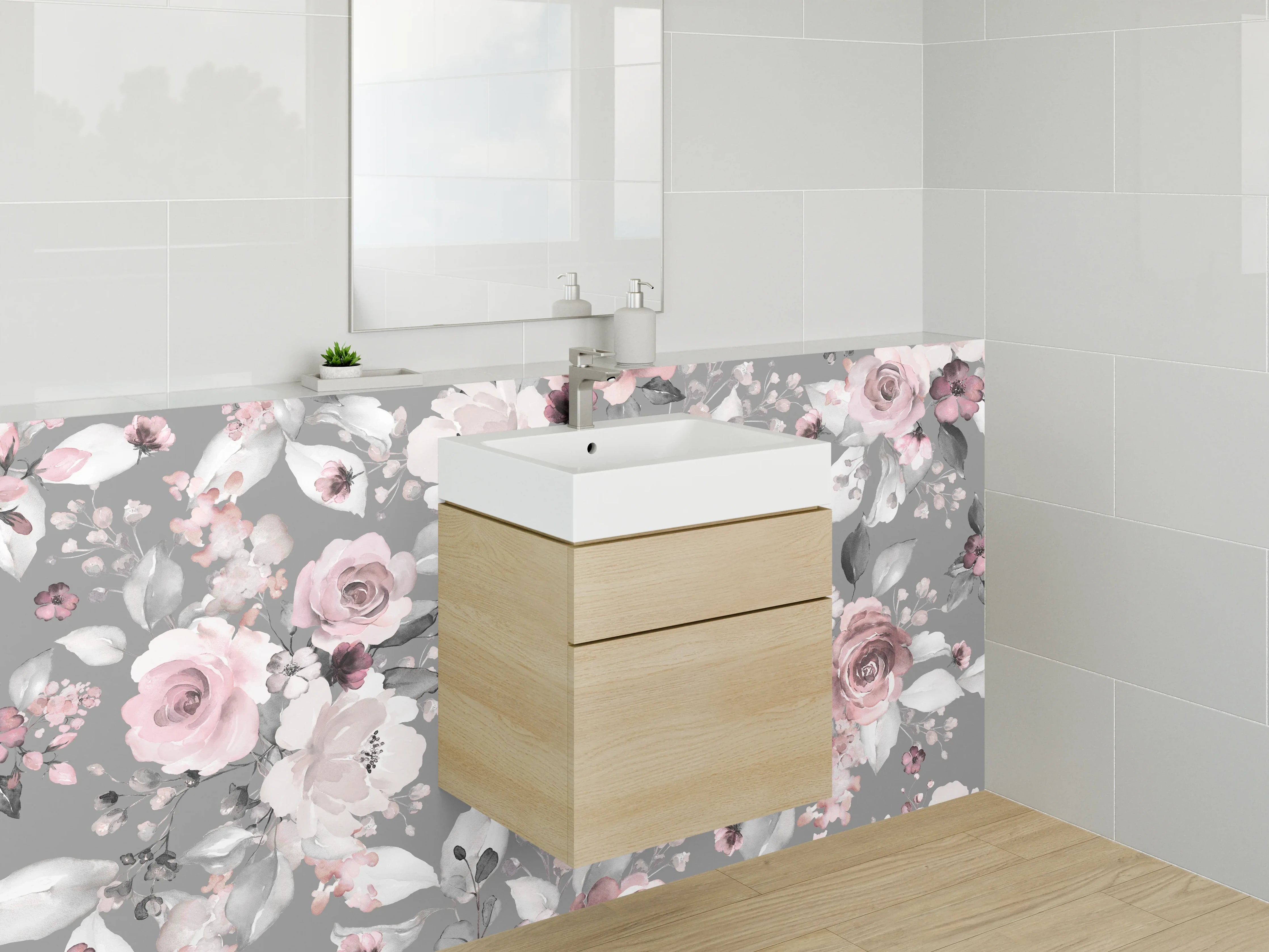 Waschbecken-Rückwand - Vintage Blumenmuster Grau Rosa