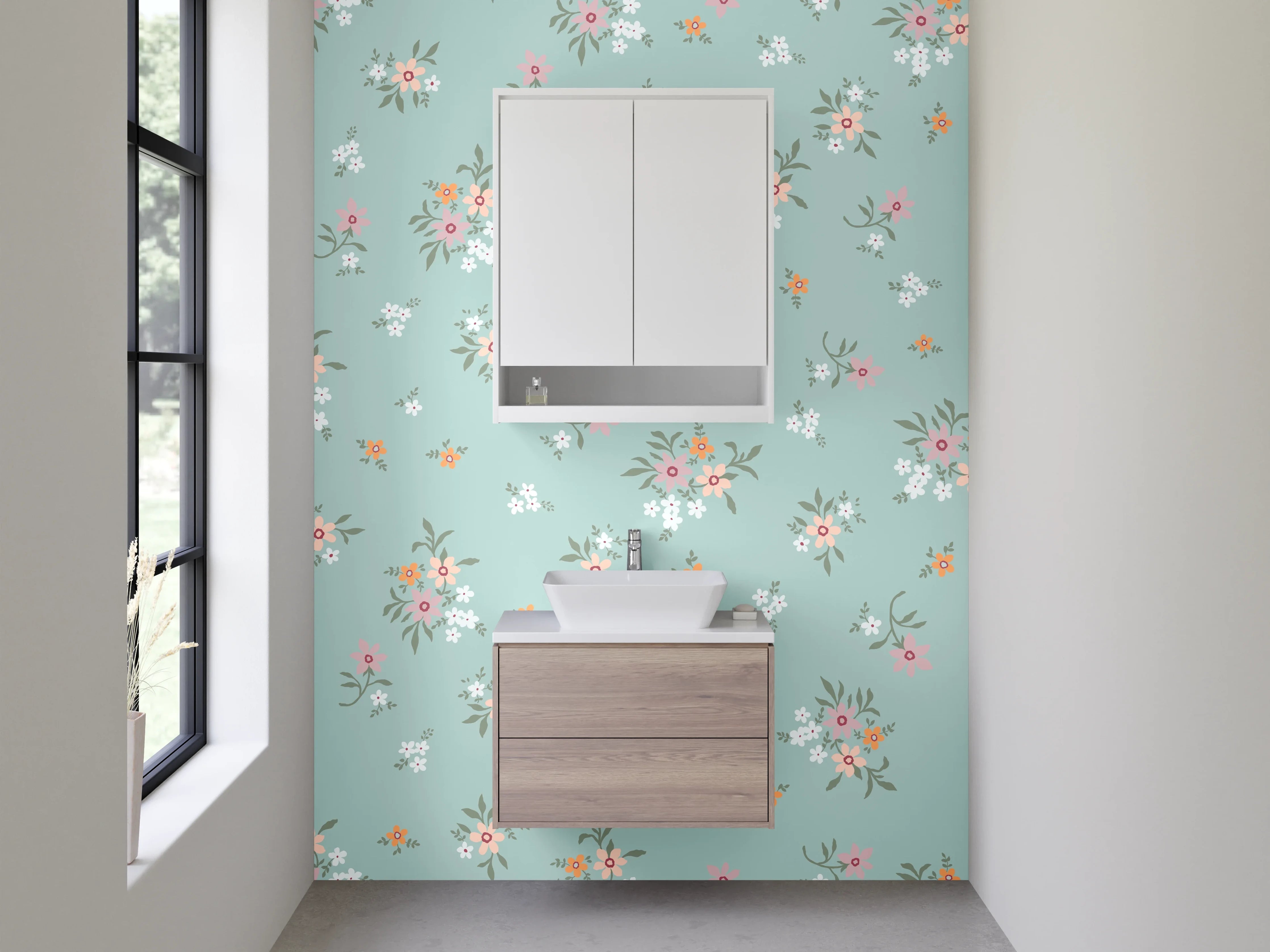 Waschbecken-Rückwand - Vintage Blumenmuster auf Mintgrün
