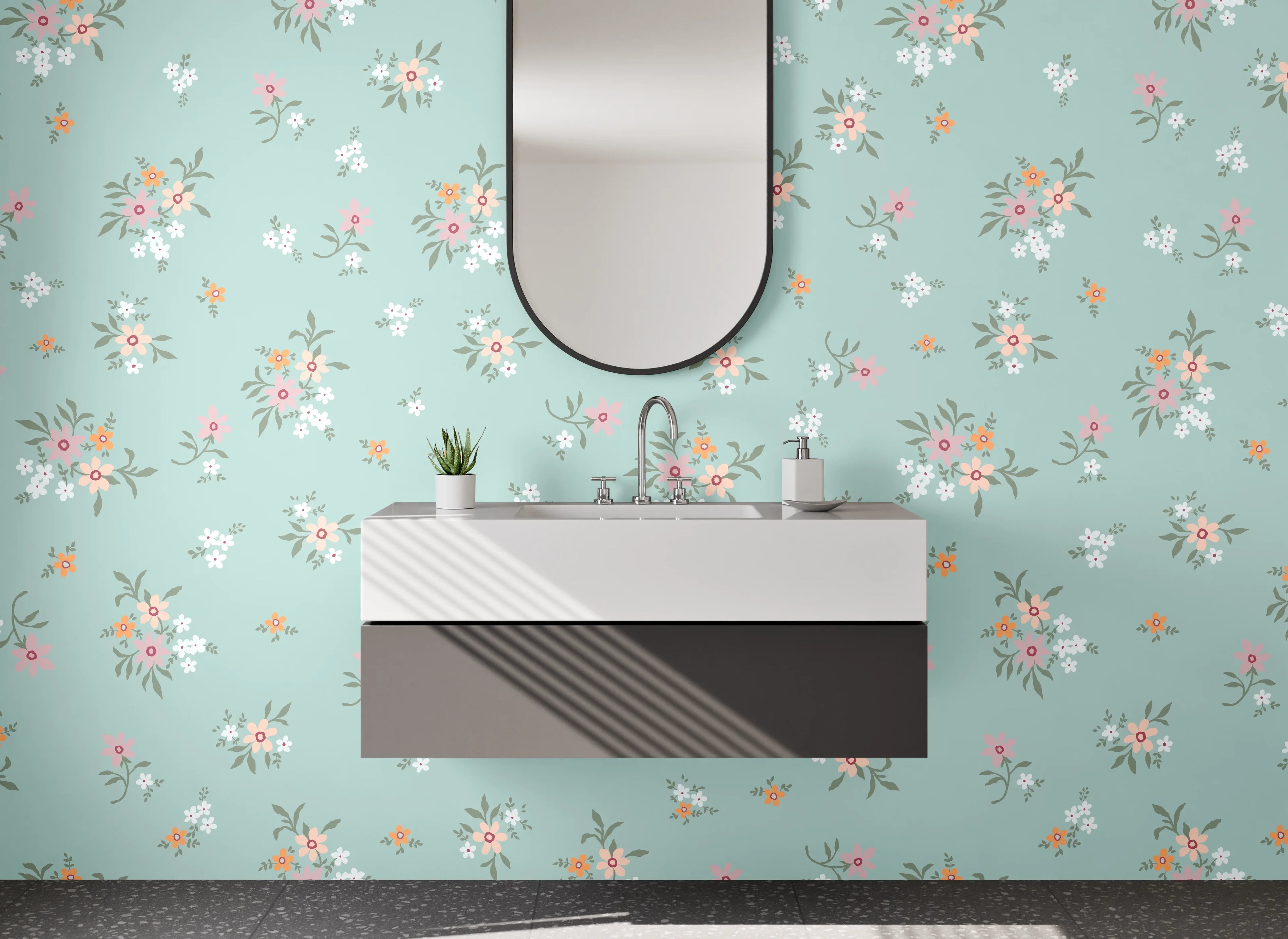 Waschbecken-Rückwand - Vintage Blumenmuster auf Mintgrün
