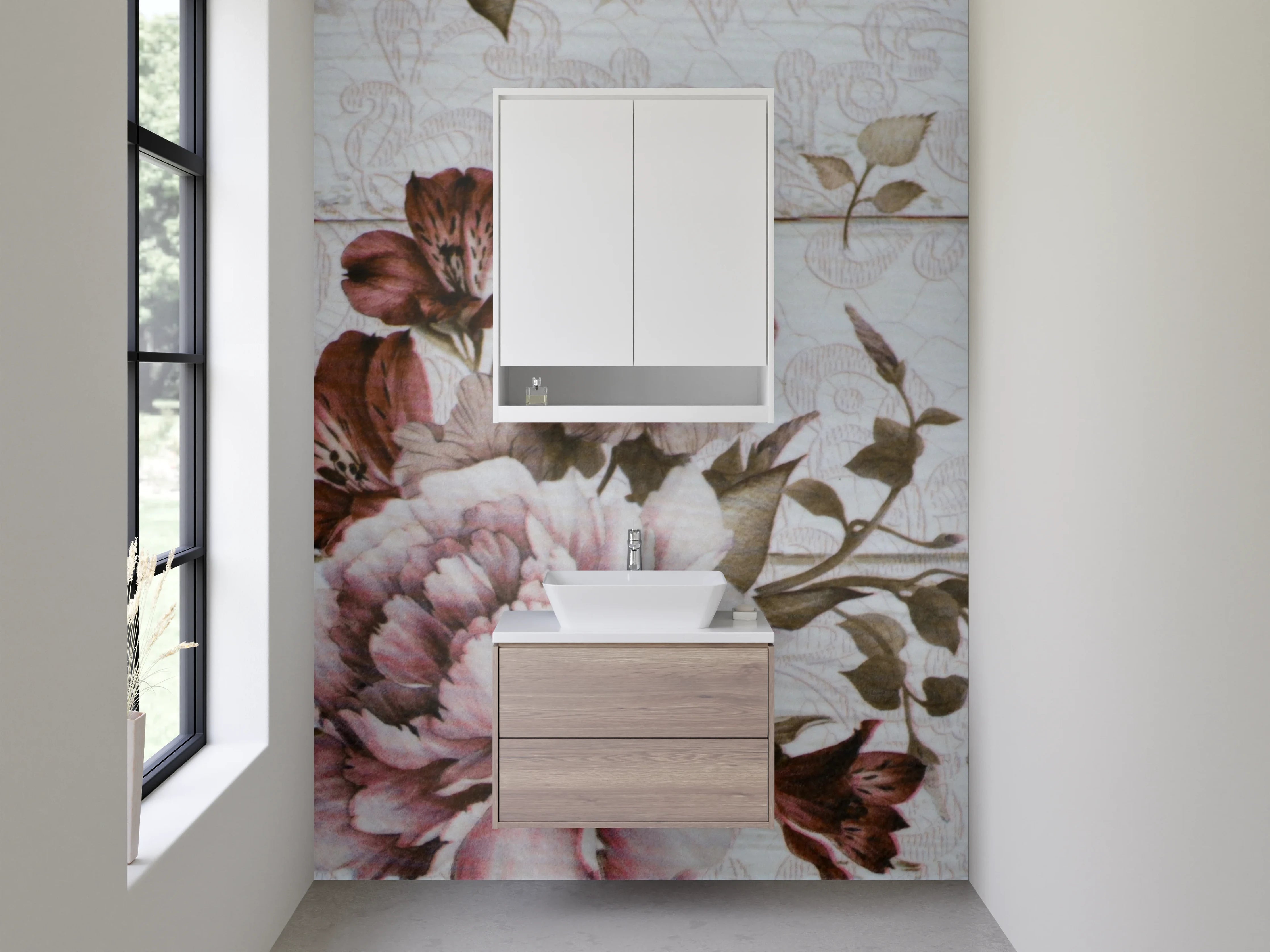 Waschbecken-Rückwand - Vintage Blumenmuster auf weißem Holz