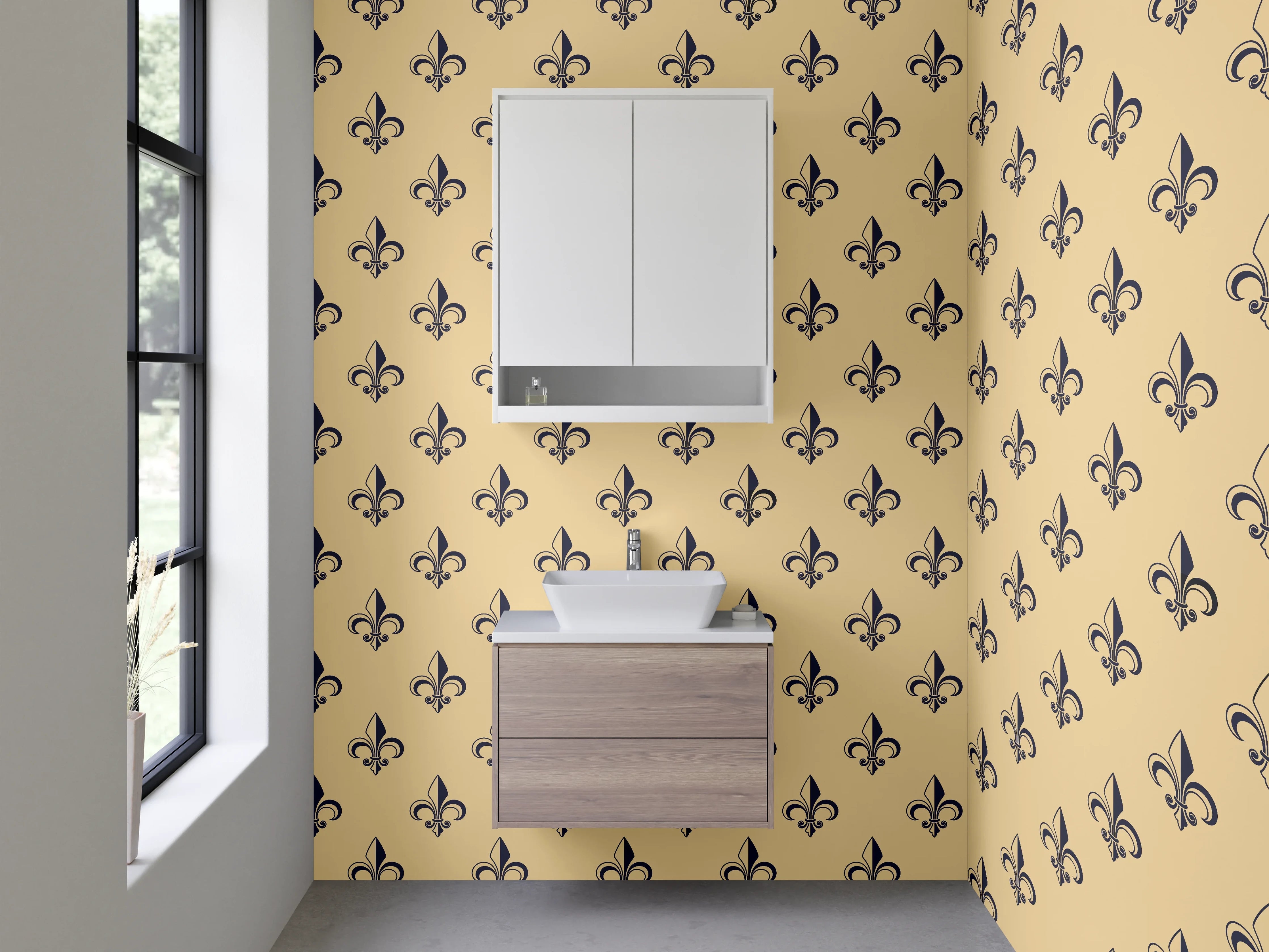 Waschbecken-Rückwand - Vintage Fleur-de-Lis Muster Beige Schwarz