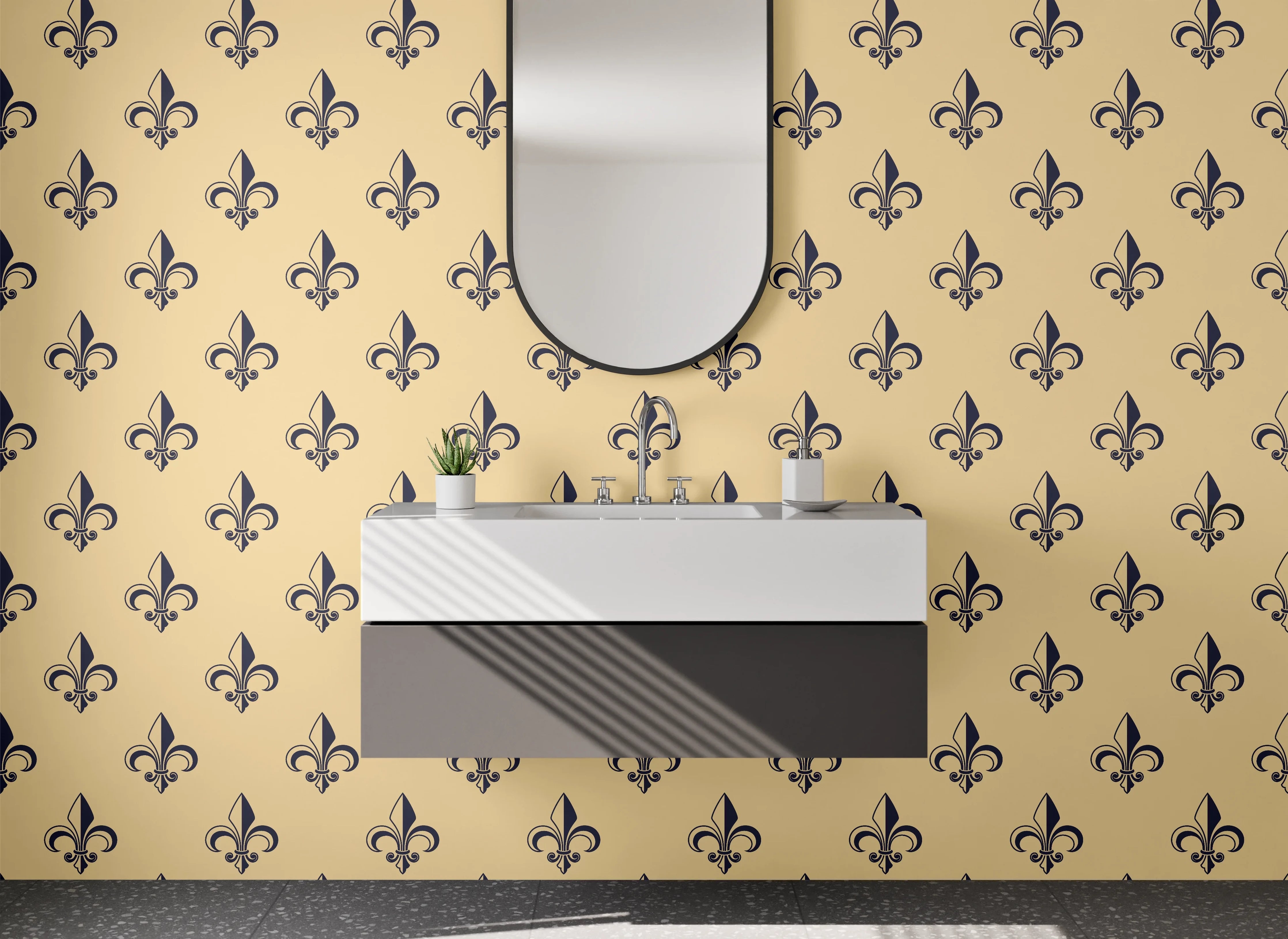 Waschbecken-Rückwand - Vintage Fleur-de-Lis Muster Beige Schwarz