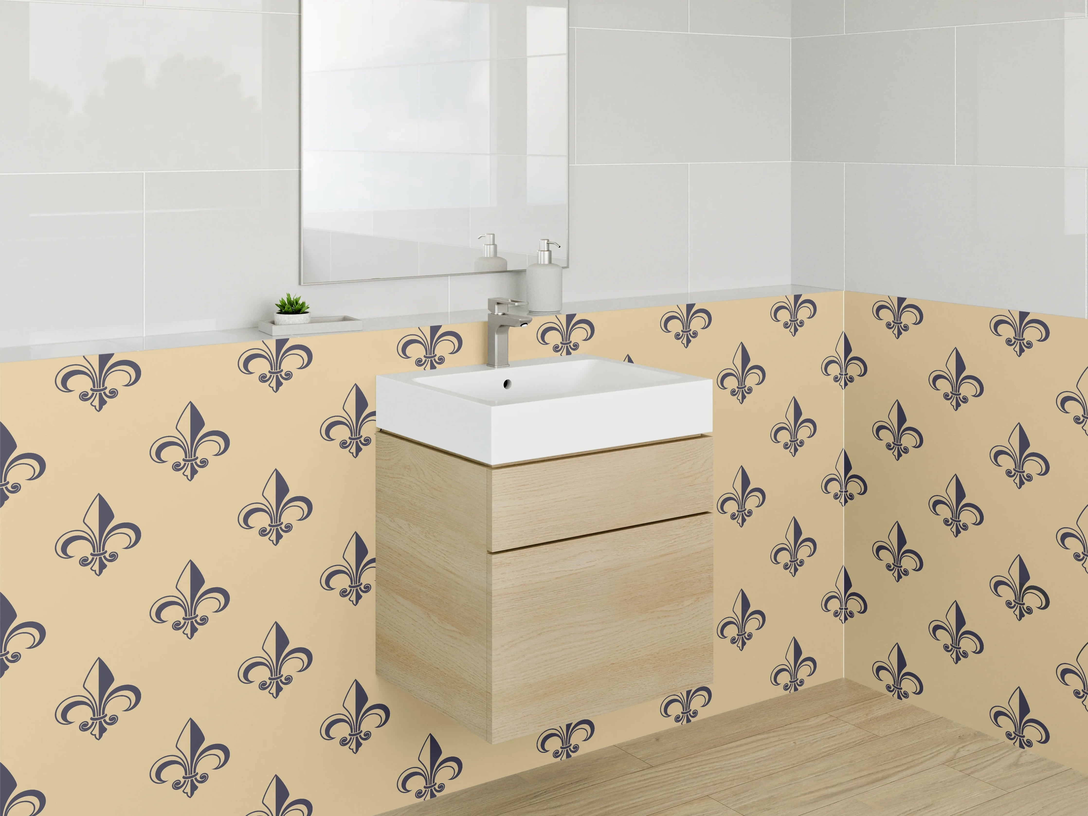 Waschbecken-Rückwand - Vintage Fleur-de-Lis Muster Beige Schwarz