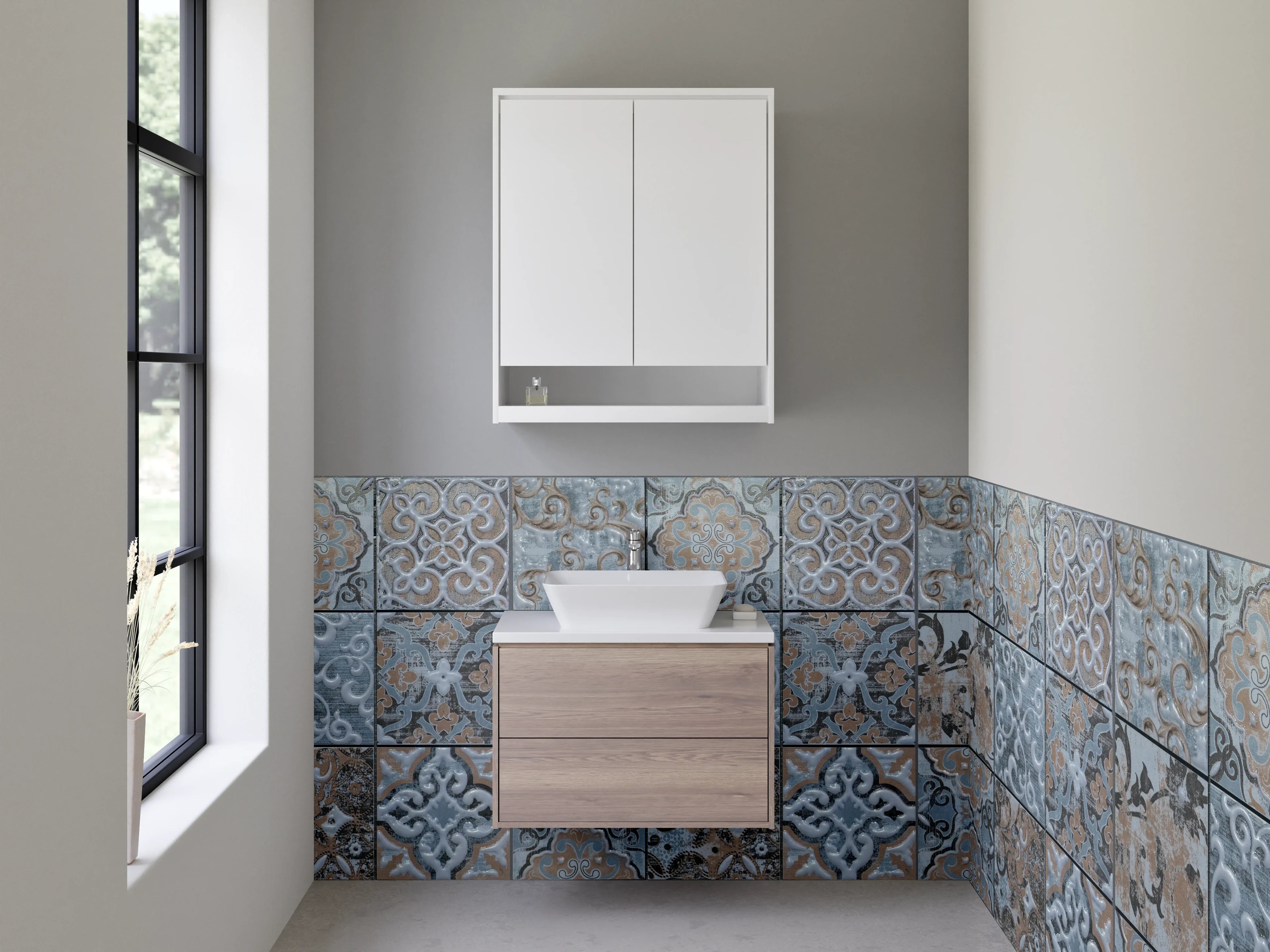 Waschbecken-Rückwand - Vintage Fliesenmuster Blau Grau Braun