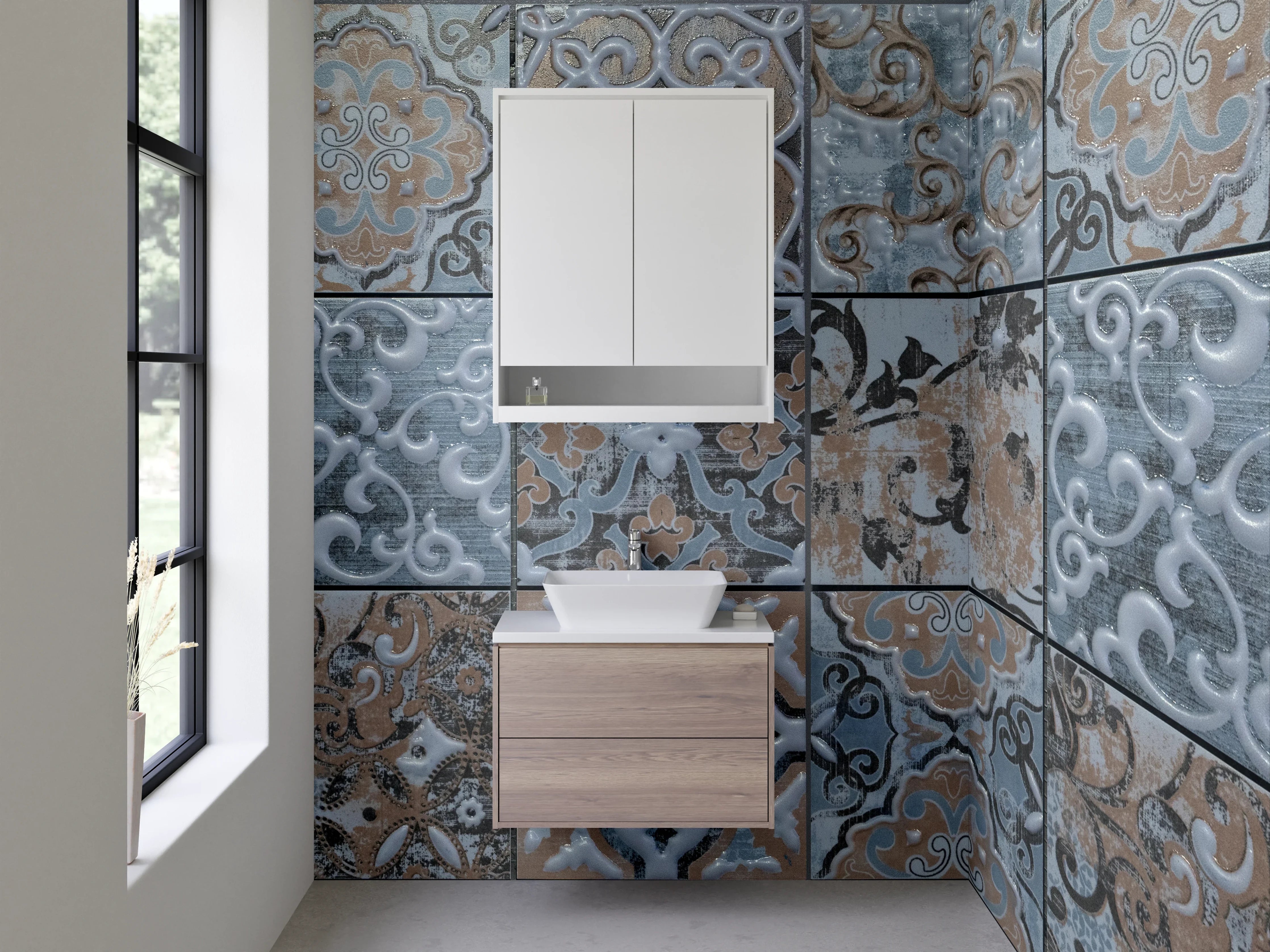 Waschbecken-Rückwand - Vintage Fliesenmuster Blau Grau Braun