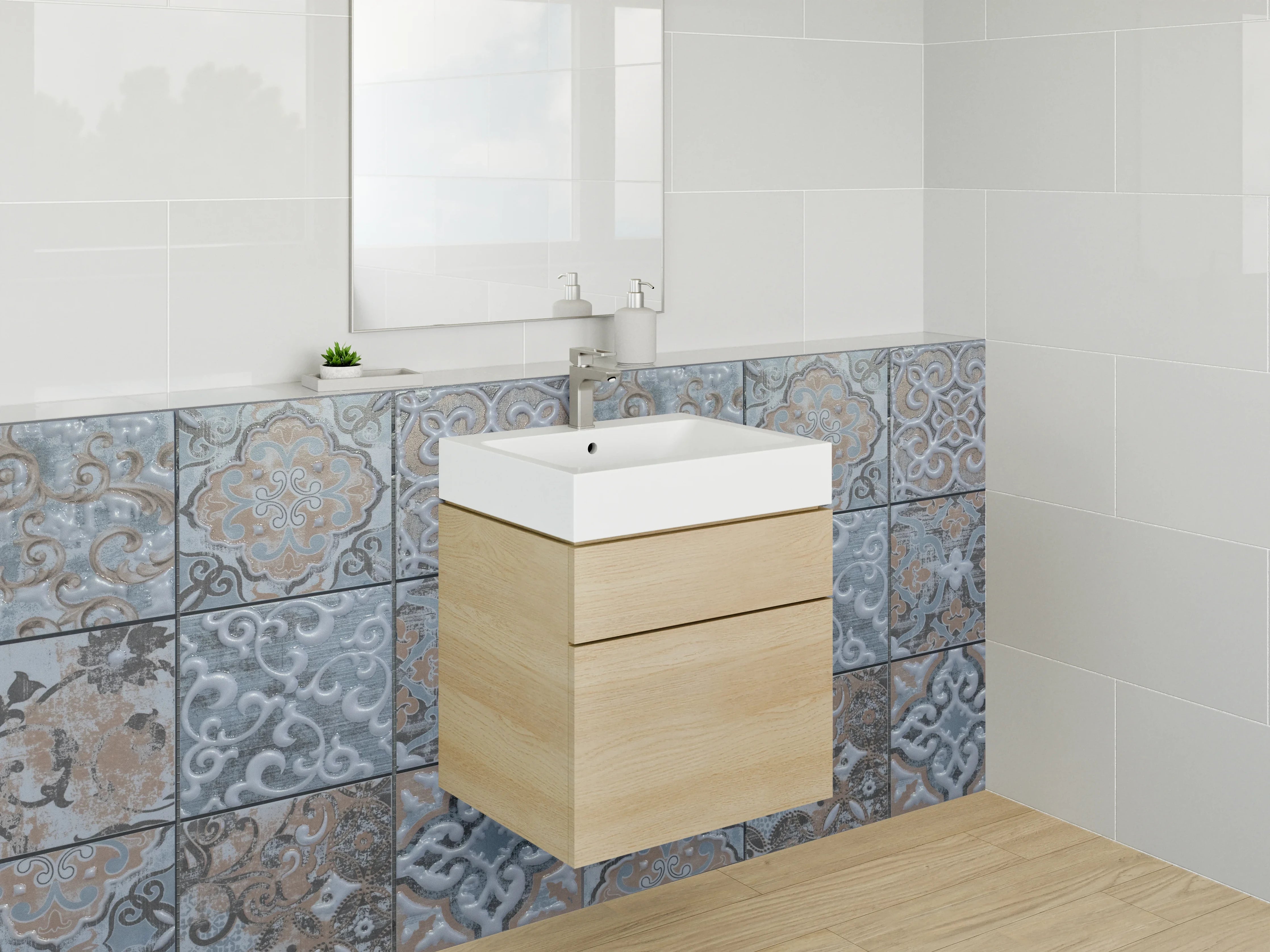 Waschbecken-Rückwand - Vintage Fliesenmuster Blau Grau Braun