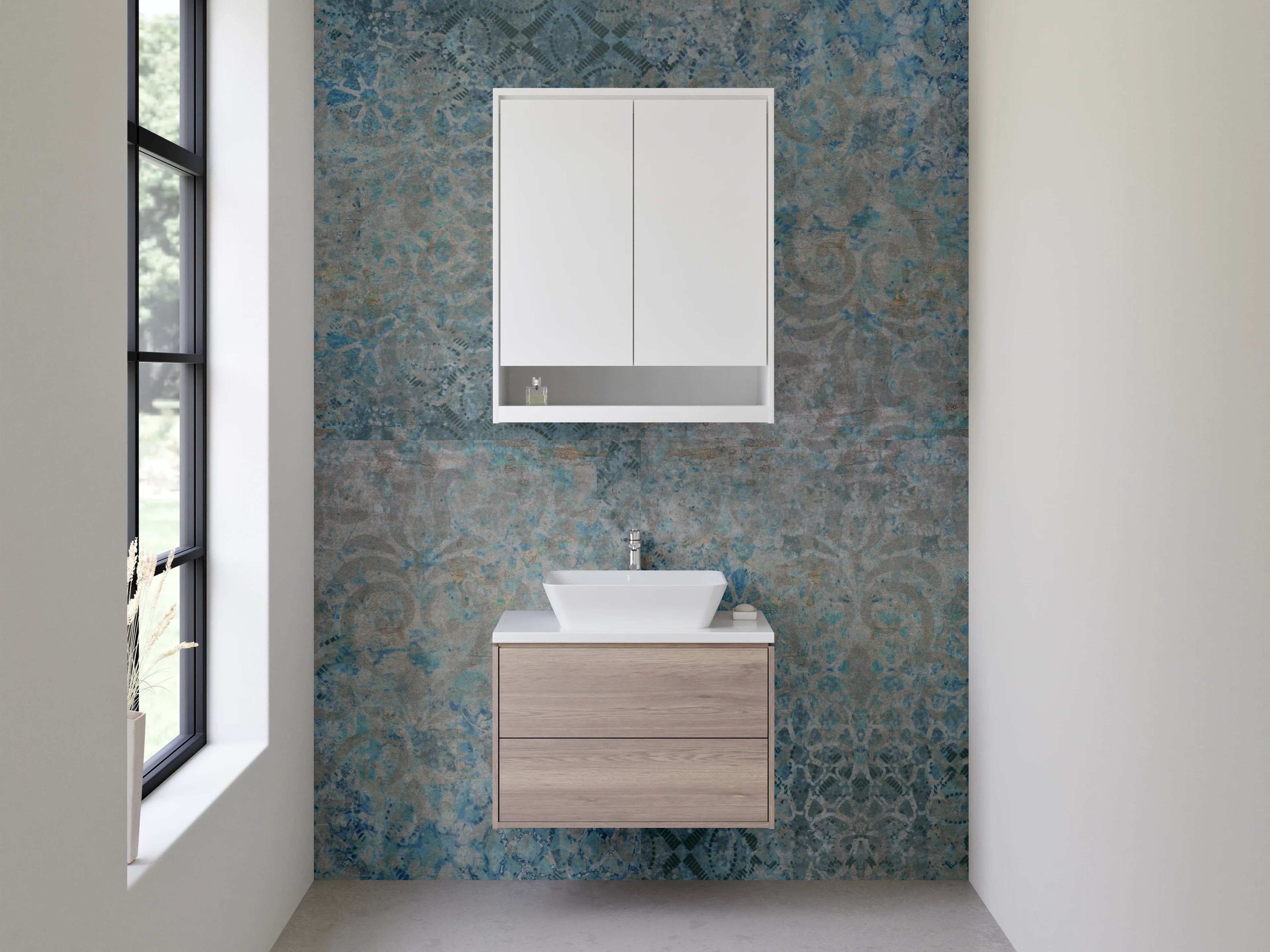 Waschbecken-Rückwand - Vintage Fliesenmuster Blau Grau