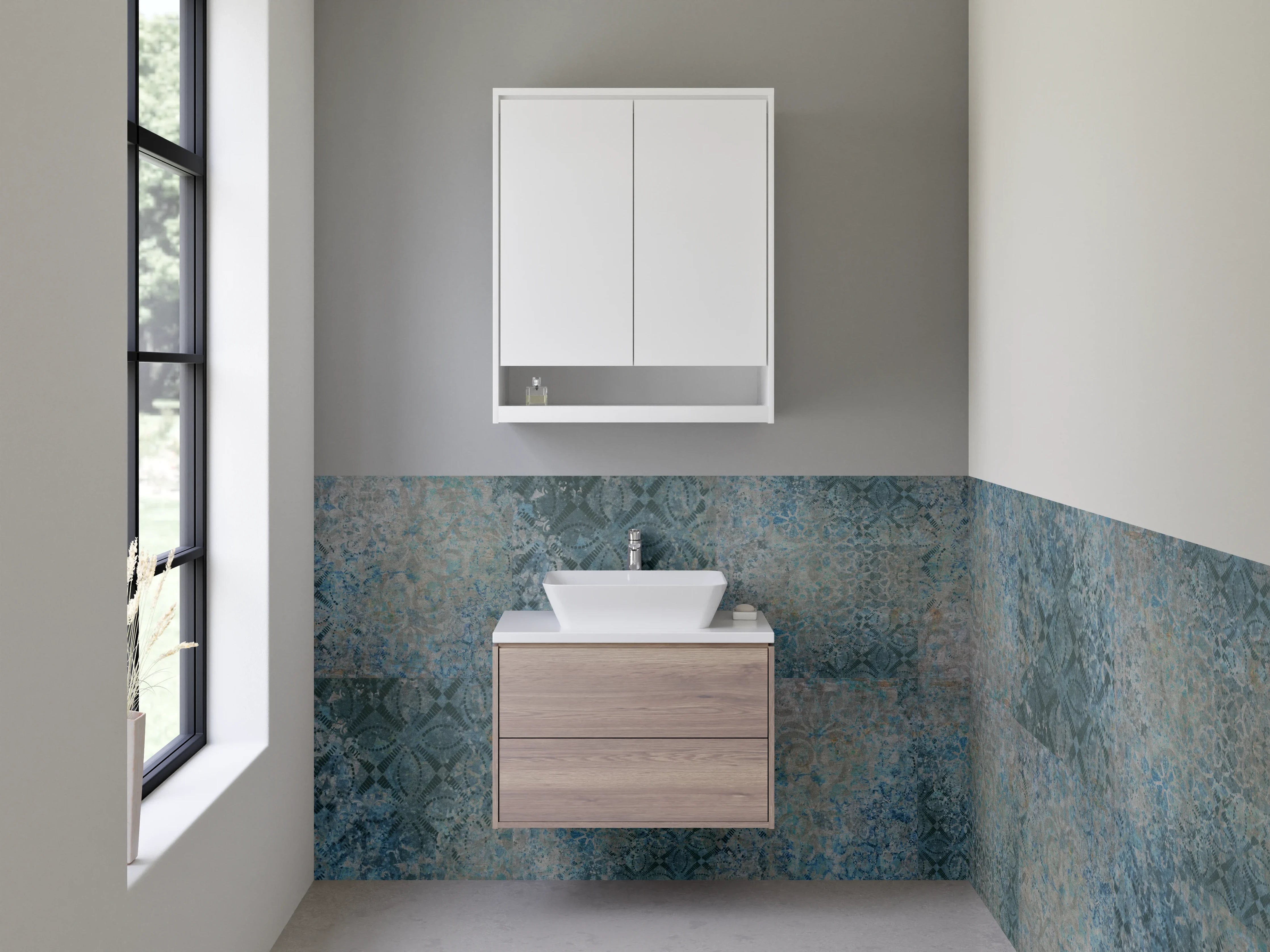 Waschbecken-Rückwand - Vintage Fliesenmuster Blau Grau