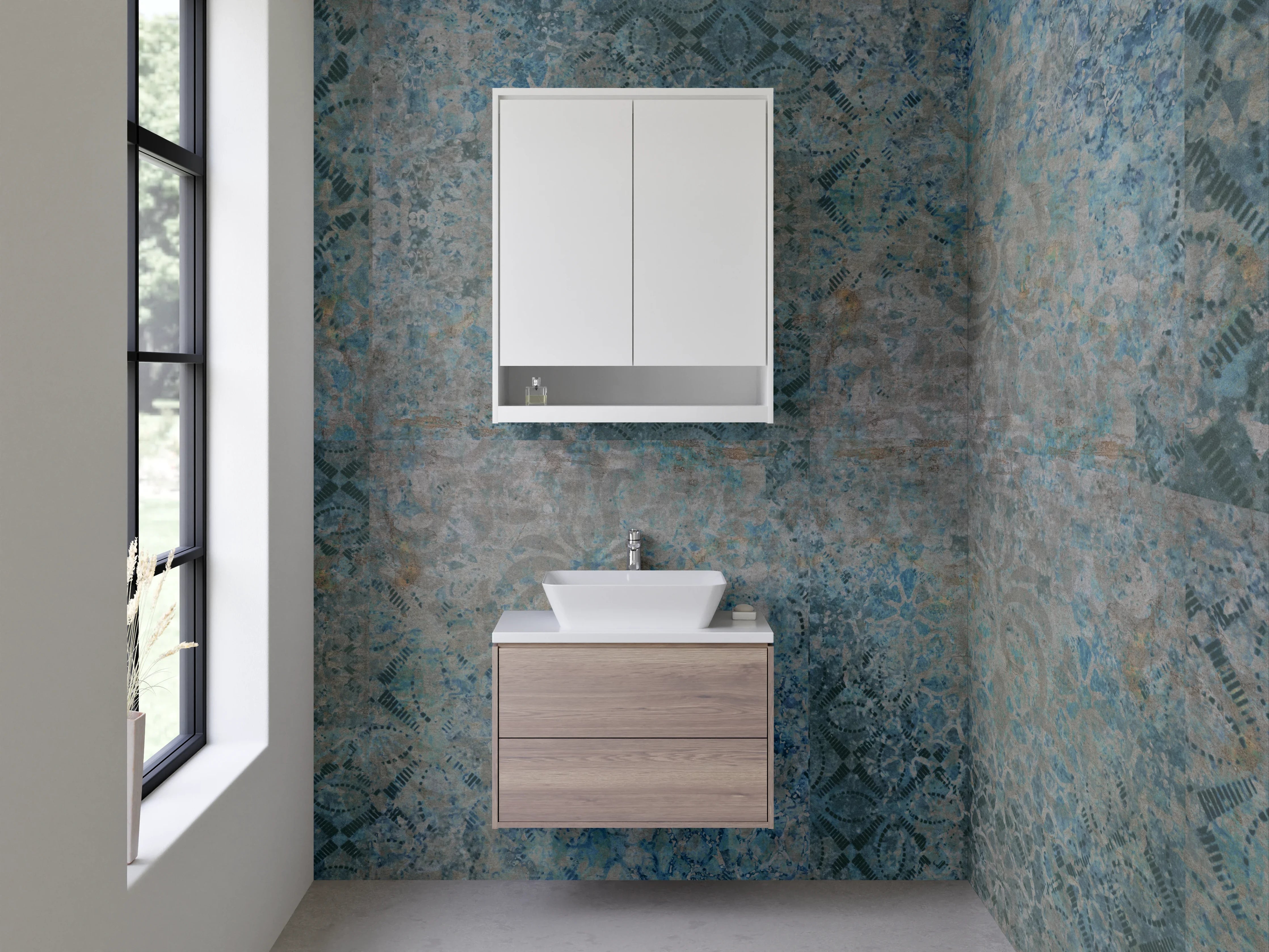 Waschbecken-Rückwand - Vintage Fliesenmuster Blau Grau