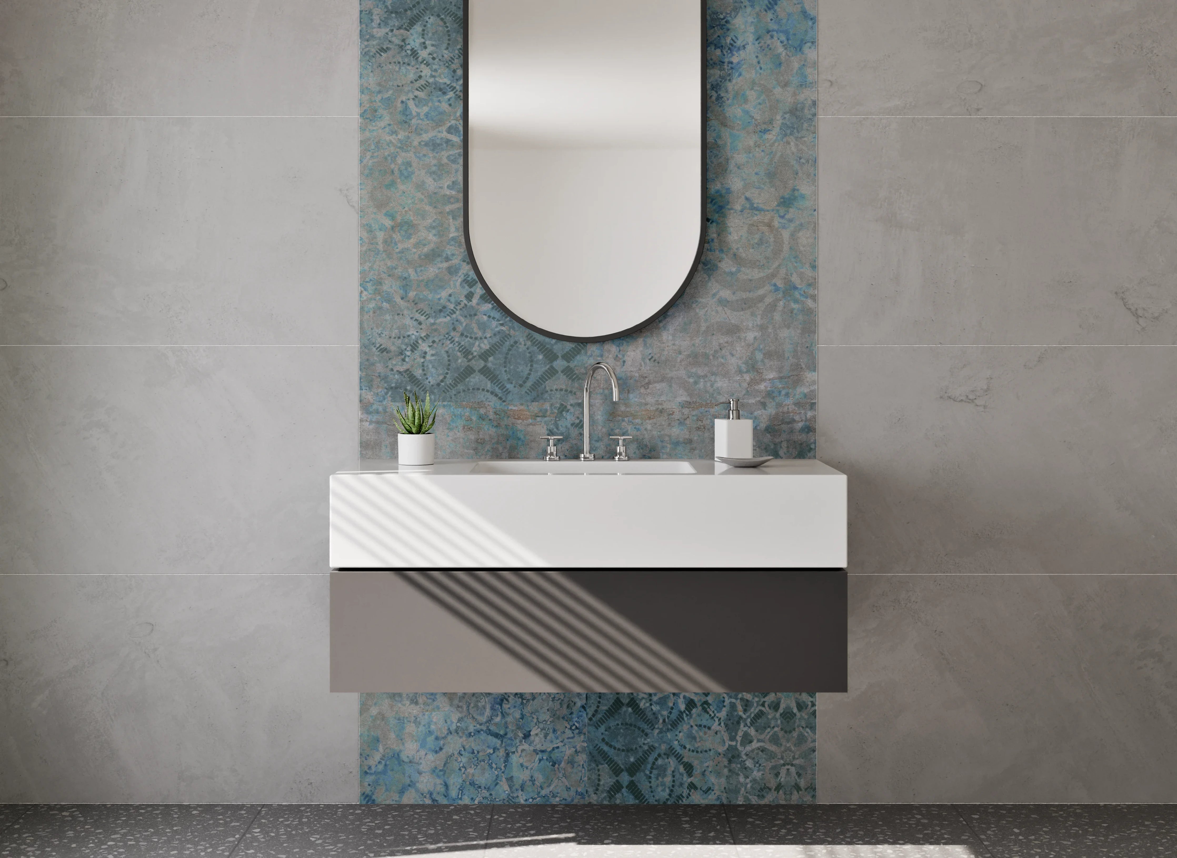 Waschbecken-Rückwand - Vintage Fliesenmuster Blau Grau