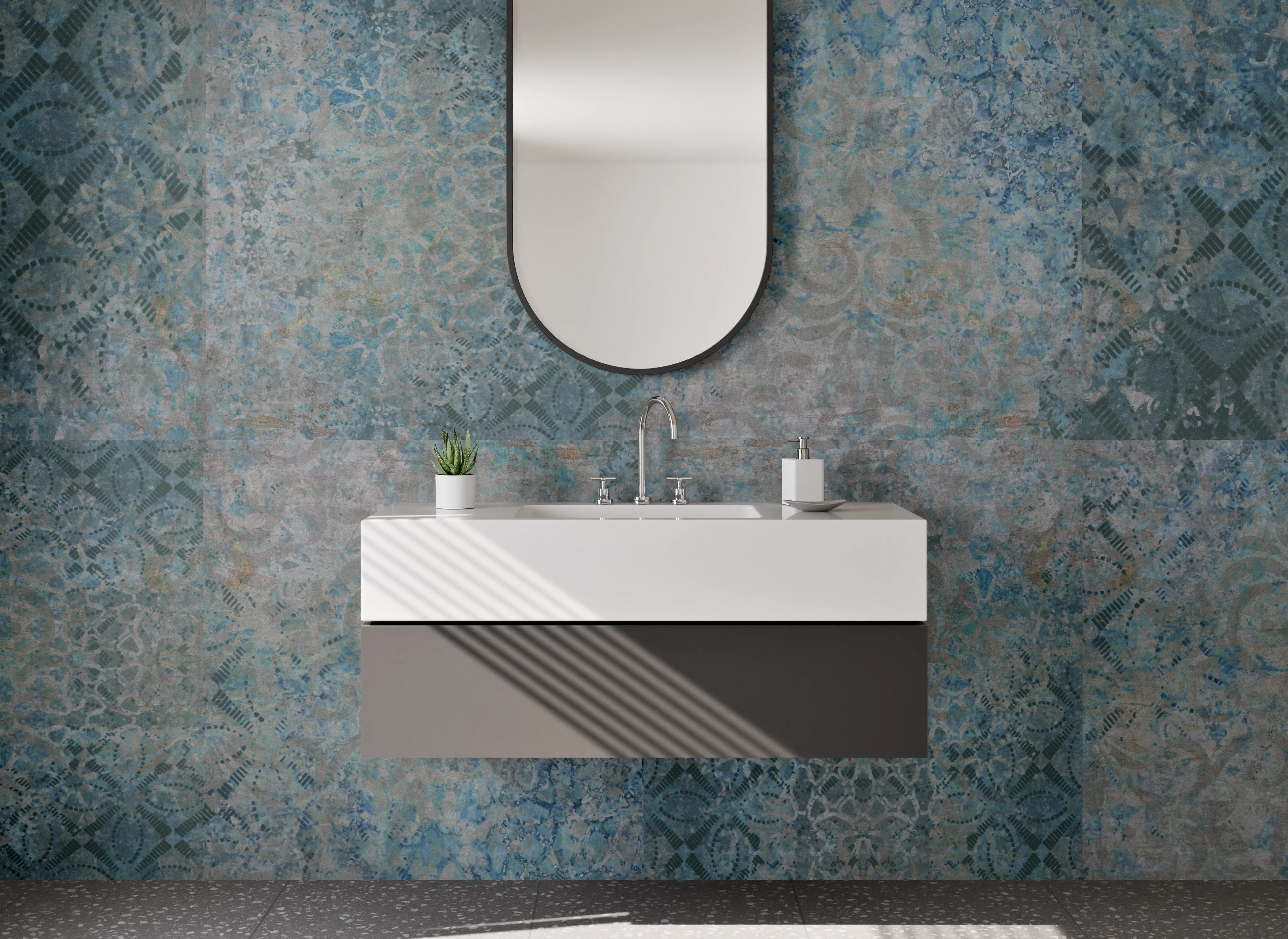 Waschbecken-Rückwand - Vintage Fliesenmuster Blau Grau