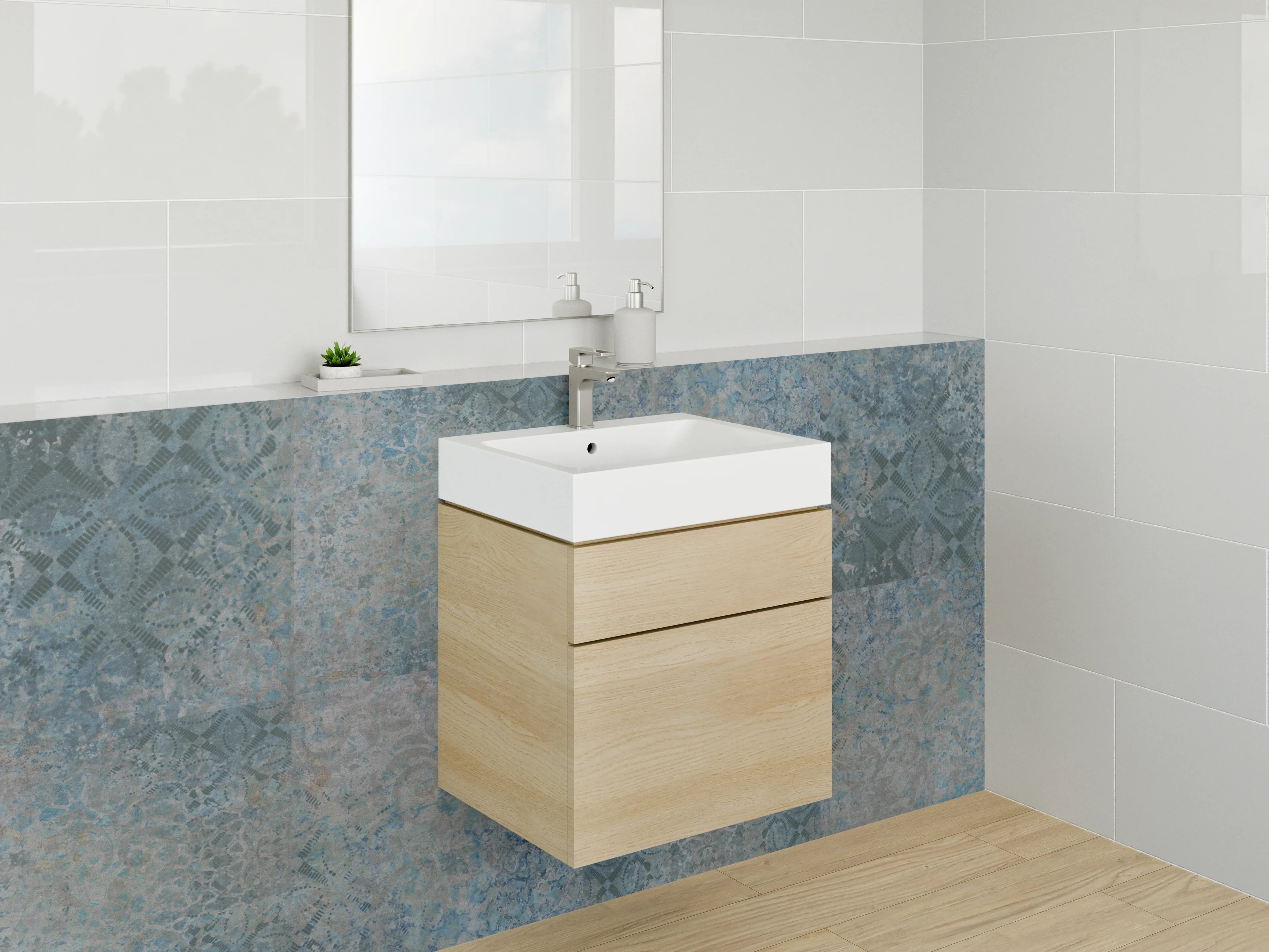 Waschbecken-Rückwand - Vintage Fliesenmuster Blau Grau