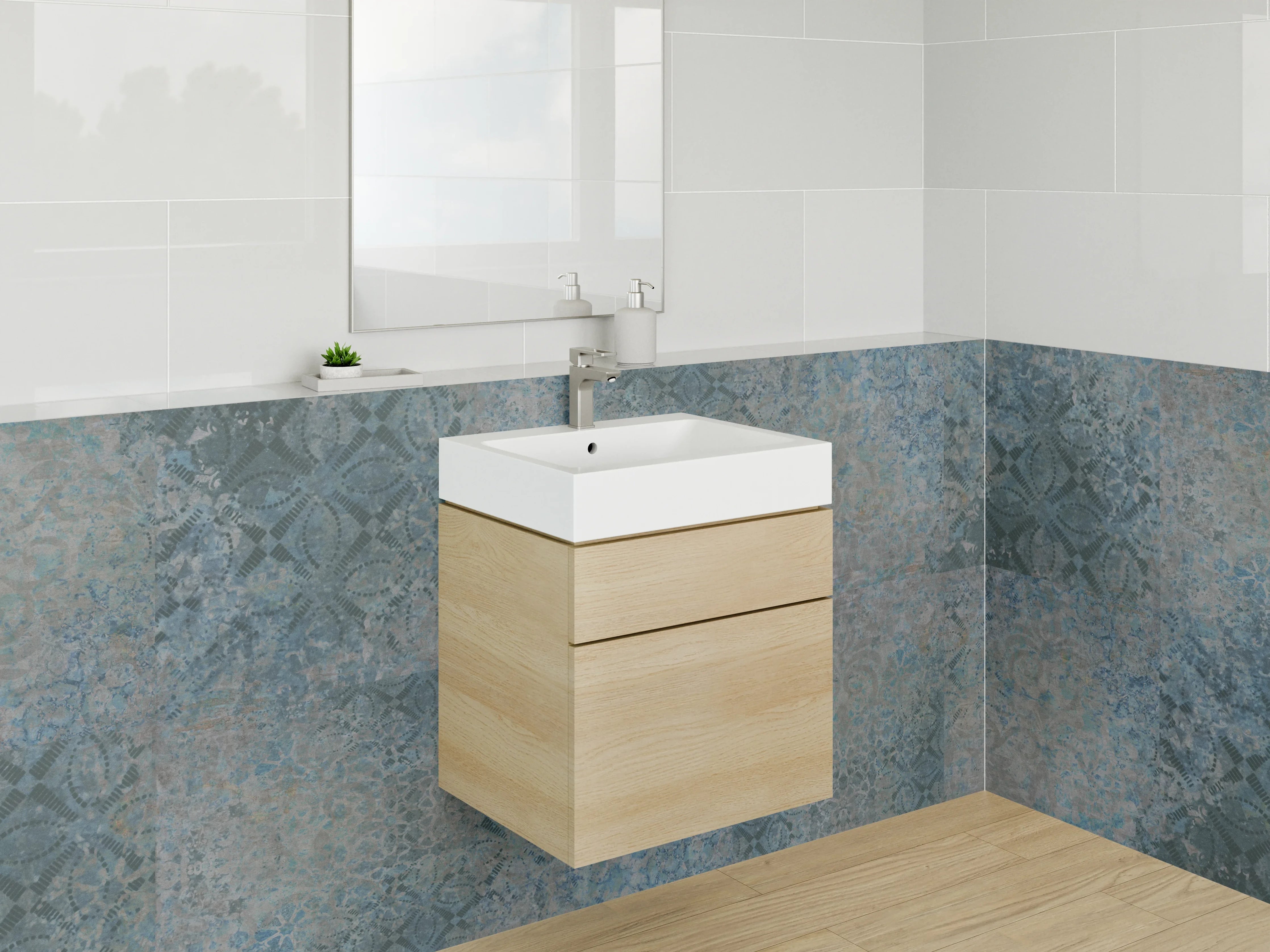 Waschbecken-Rückwand - Vintage Fliesenmuster Blau Grau